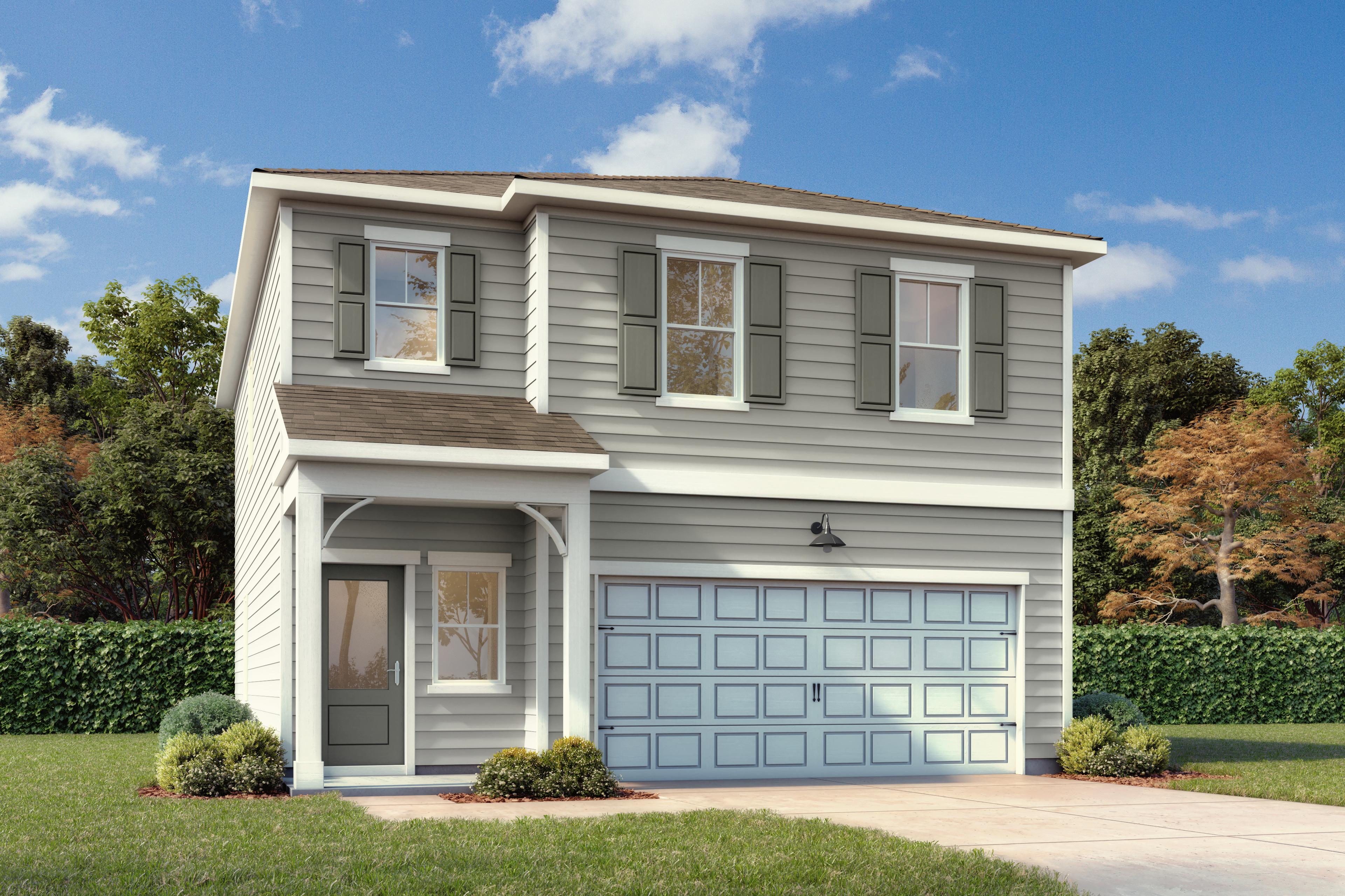 front exterior elevation of a 2-story home with a 2 car garage