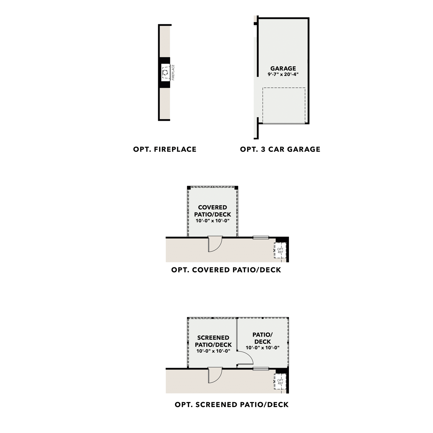 Optional patio, deck, and garage options for The Hampton B home design, featuring covered and screened configurations with dimensions