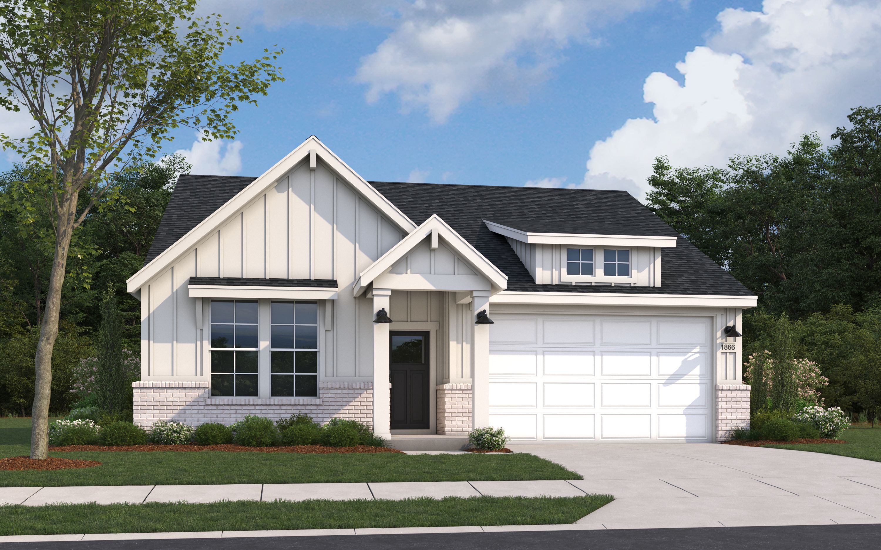 Modern farmhouse elevation of The Aurora D showcasing white shiplap siding, gabled dormer, and attached 2-car garage