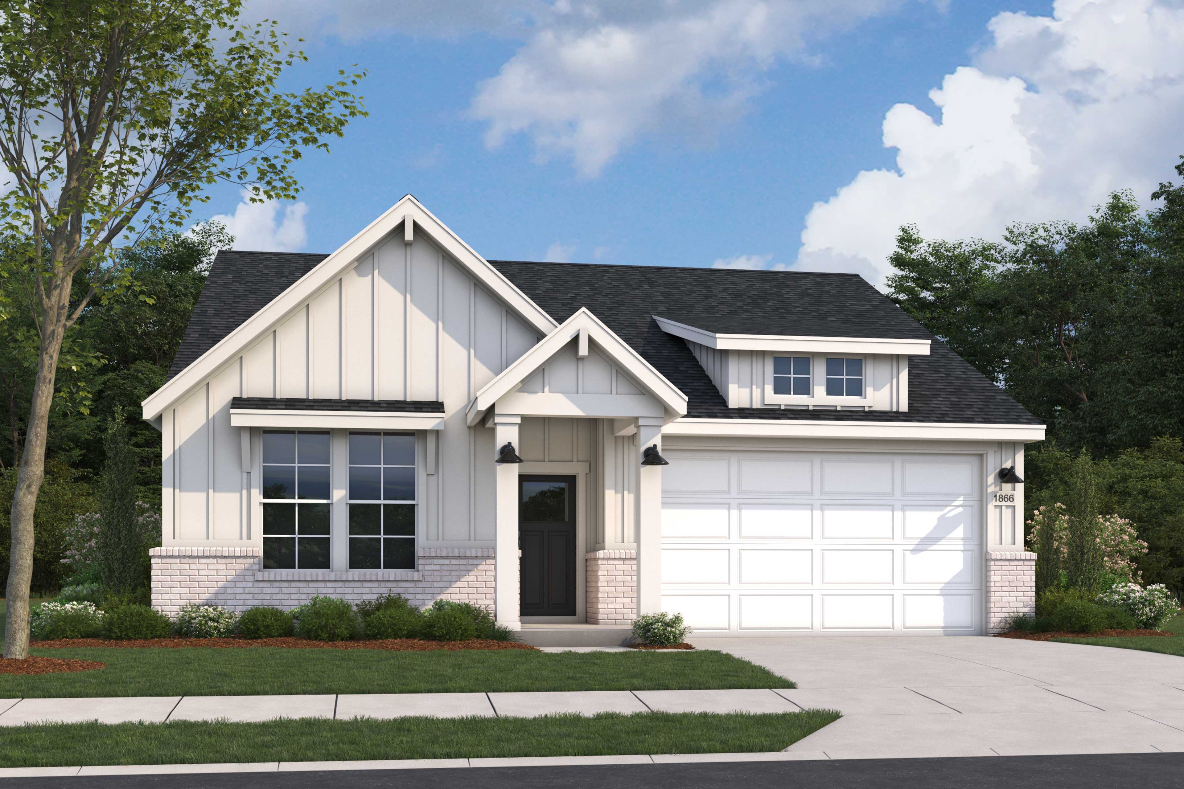 Modern farmhouse elevation of The Aurora D showcasing white shiplap siding, gabled dormer, and attached 2-car garage