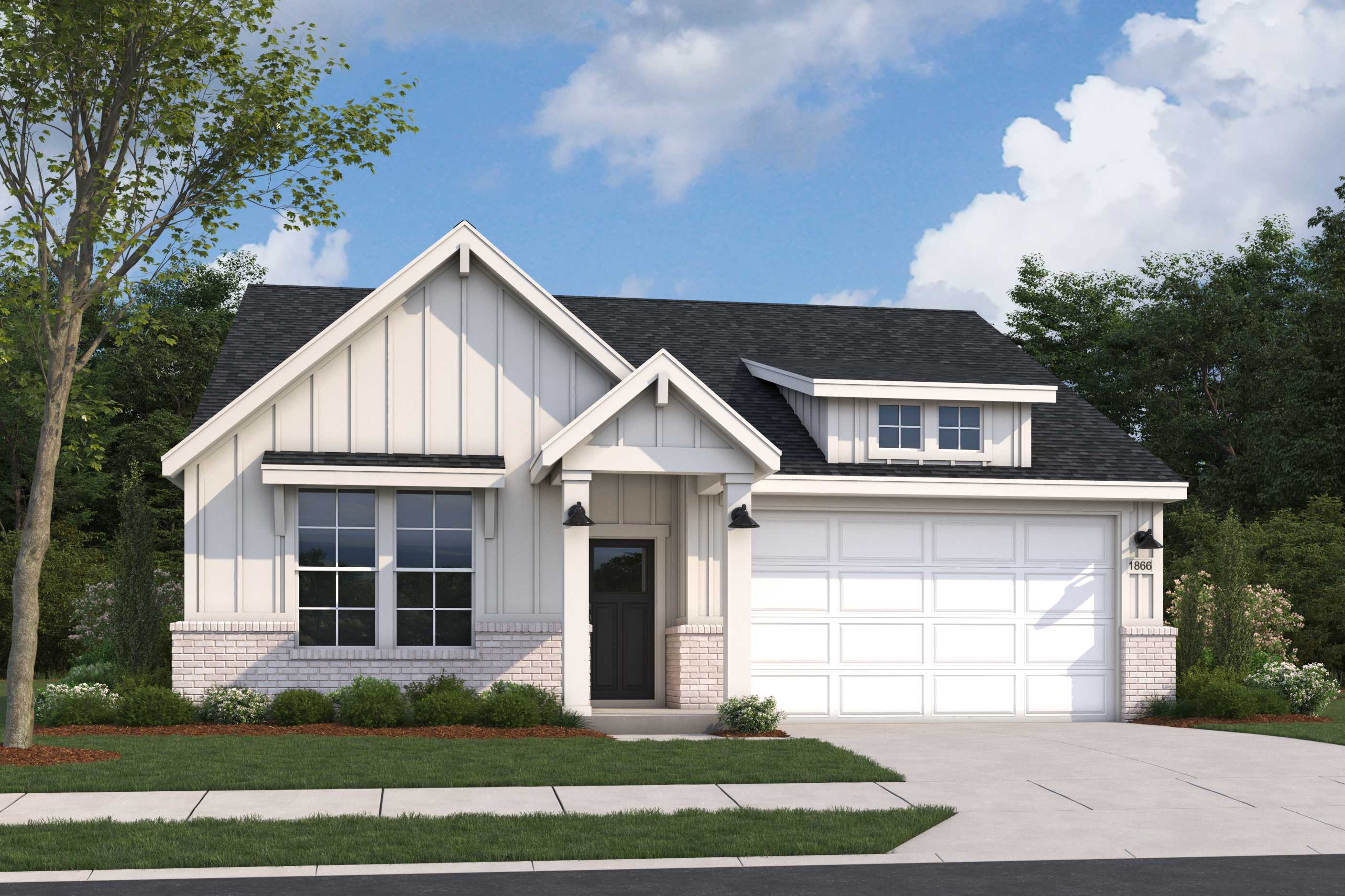 Modern farmhouse elevation of The Aurora D showcasing white shiplap siding, gabled dormer, and attached 2-car garage