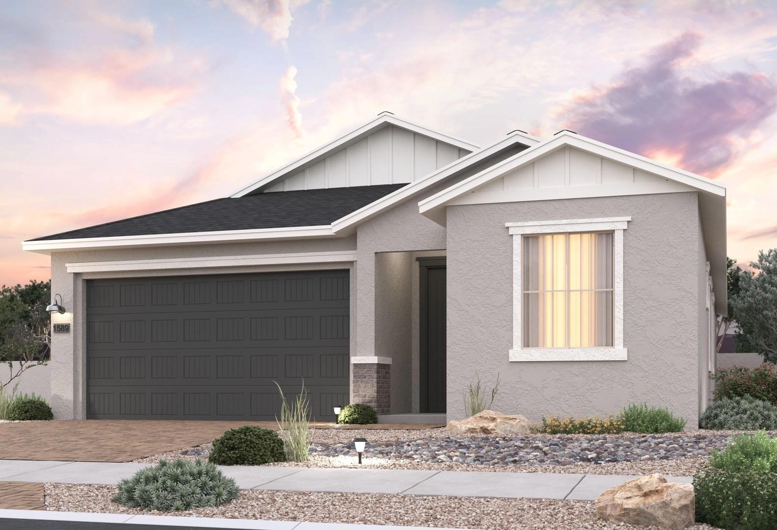 Modern single-story The Frontier home elevation with white-gray siding, black 3-car garage, and desert landscaping at sunset in Prescott Valley
