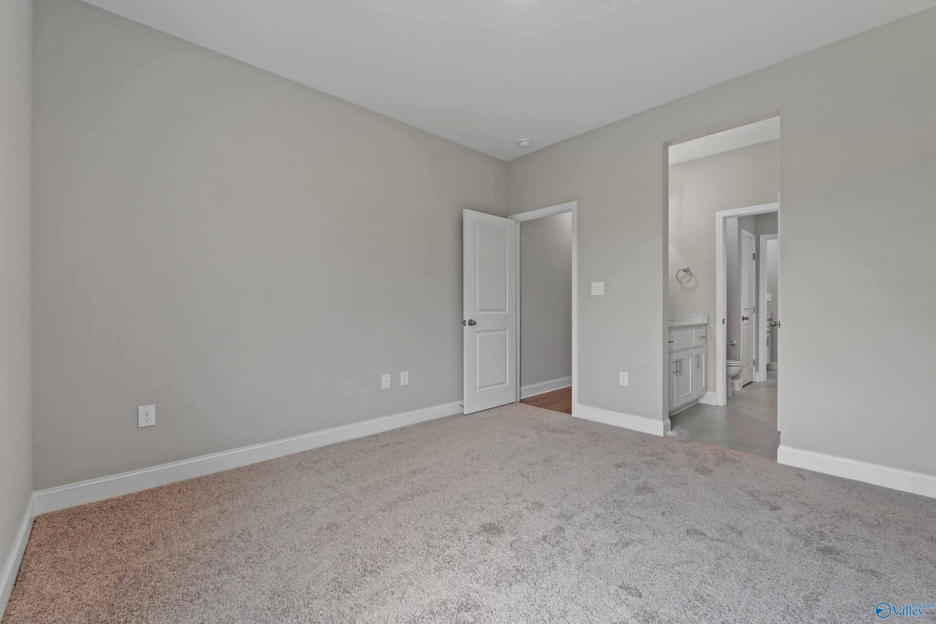 Spacious secondary bedroom with gray walls, carpet floor, and attached bath vanity in Davidson Homes The Finleigh, Meridianville, AL