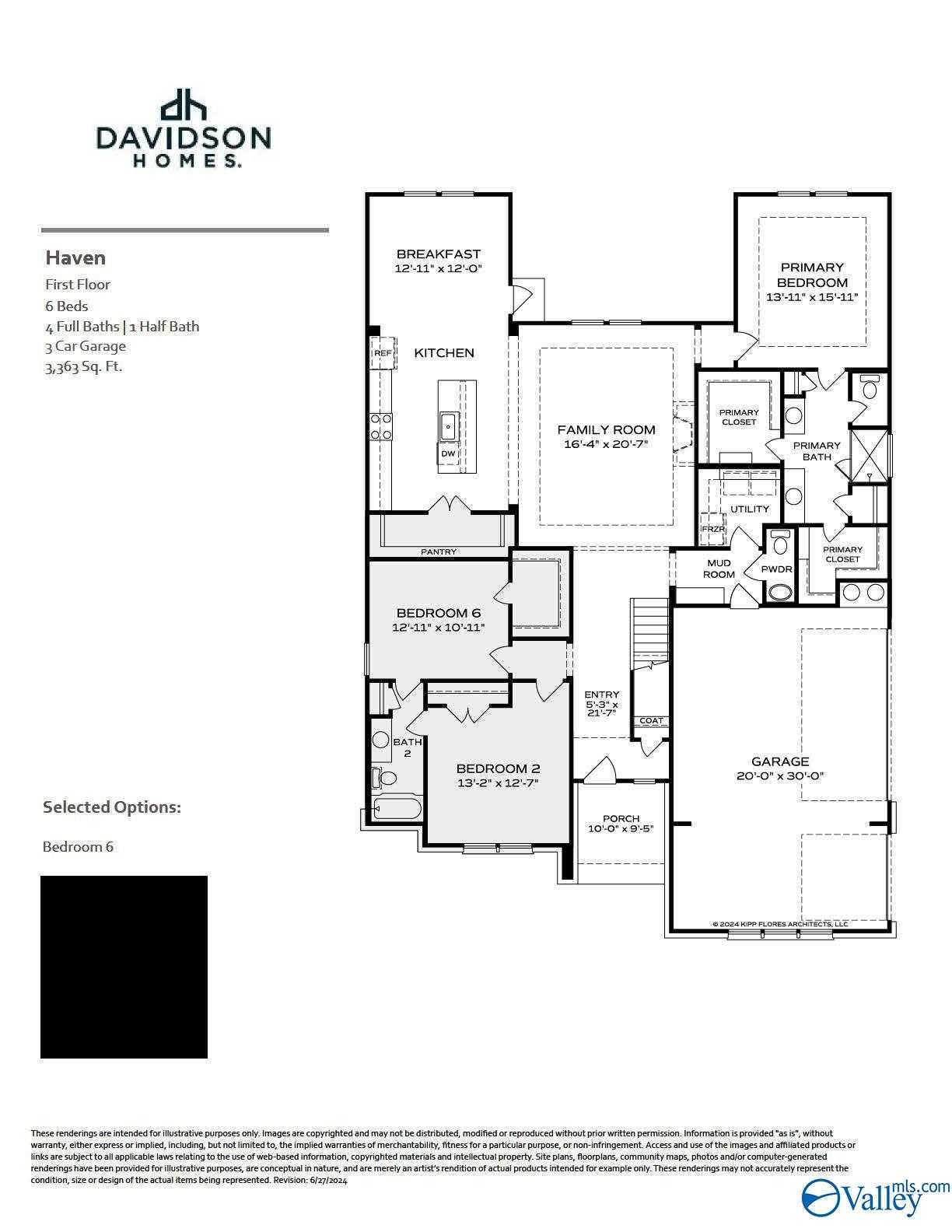 The Haven floor plan by Davidson Homes: 6-bed, 4.5-bath, 3,355 sq ft 2-story layout with 3-car garage in Riverton Preserve, Huntsville, AL
