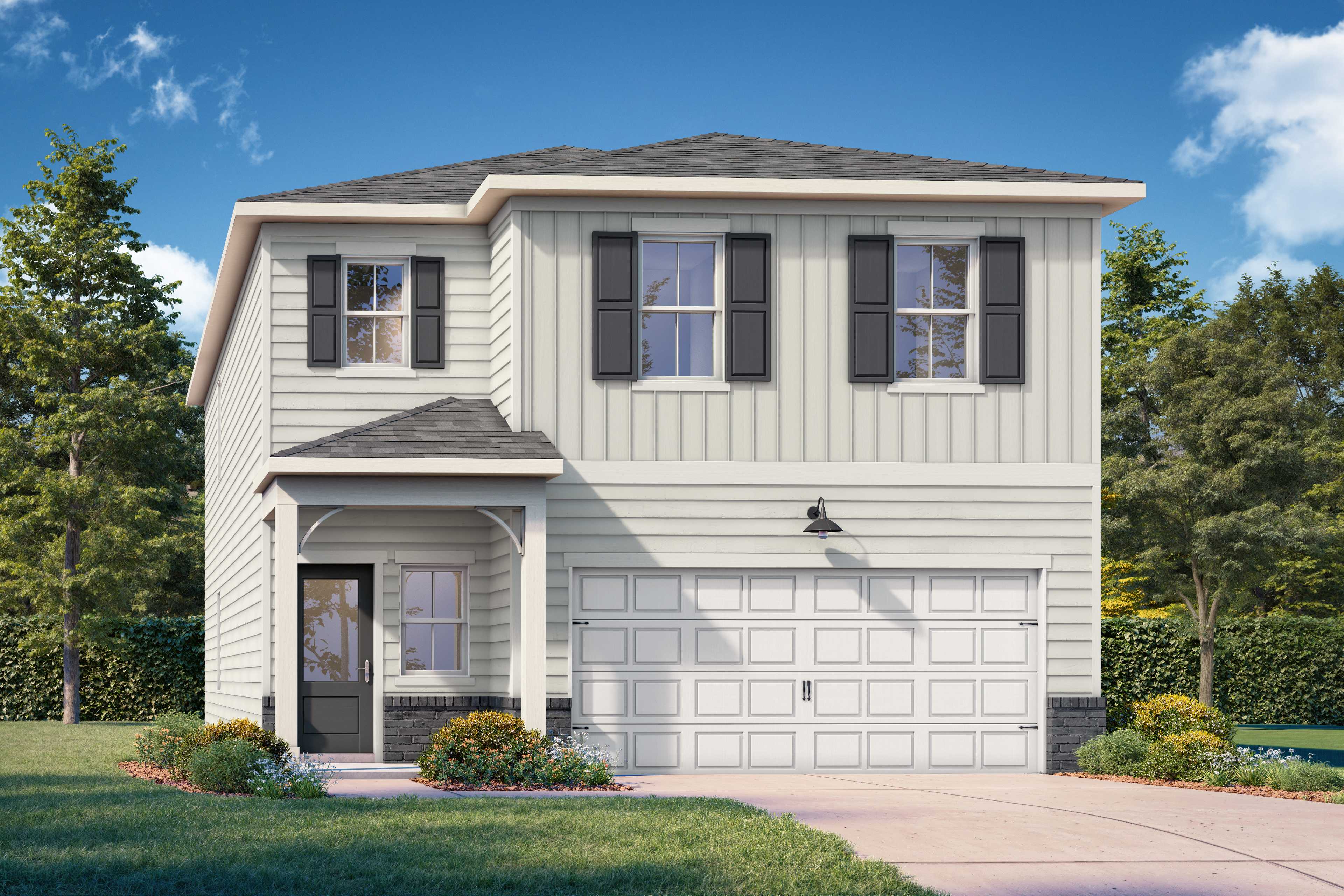 Modern two-story Russell A home elevation with gray siding, black shutters, covered porch, and two-car garage amid landscaped yard