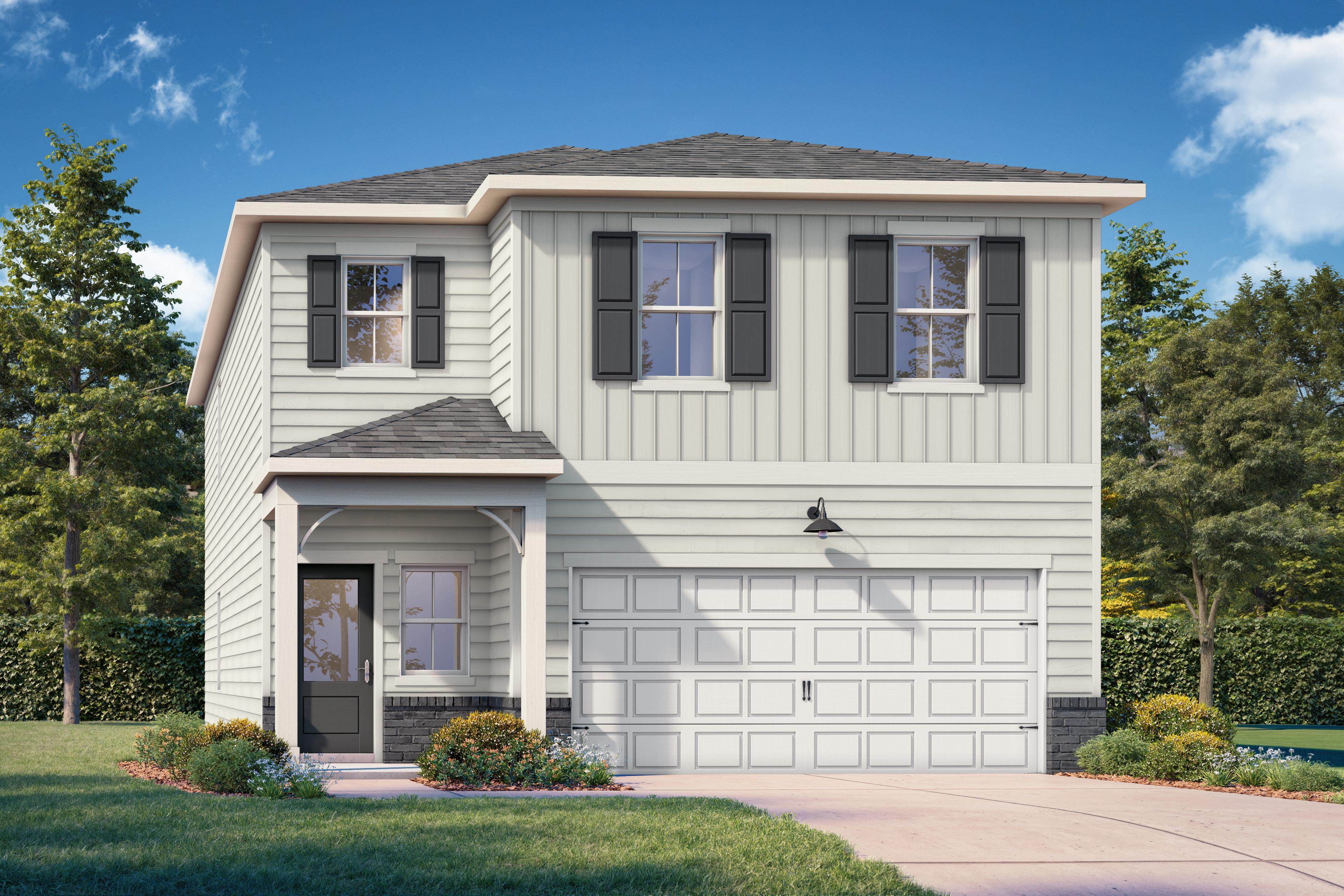 Modern two-story Russell A home elevation with gray siding, black shutters, covered porch, and two-car garage amid landscaped yard