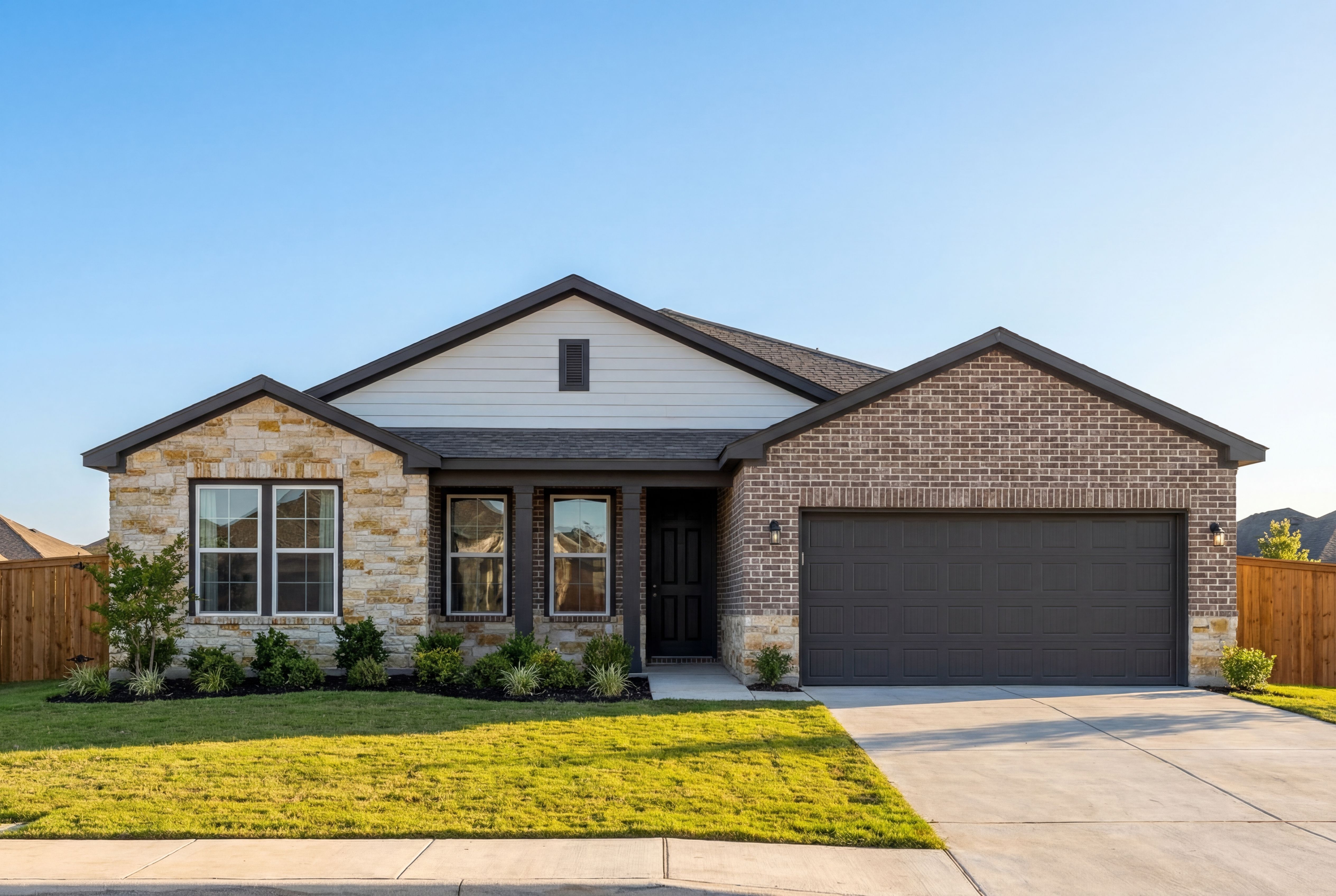 Charming single-story exterior of The Rockford home featuring tan brick, stone accents, white siding, 2-car garage, and landscaped front yard