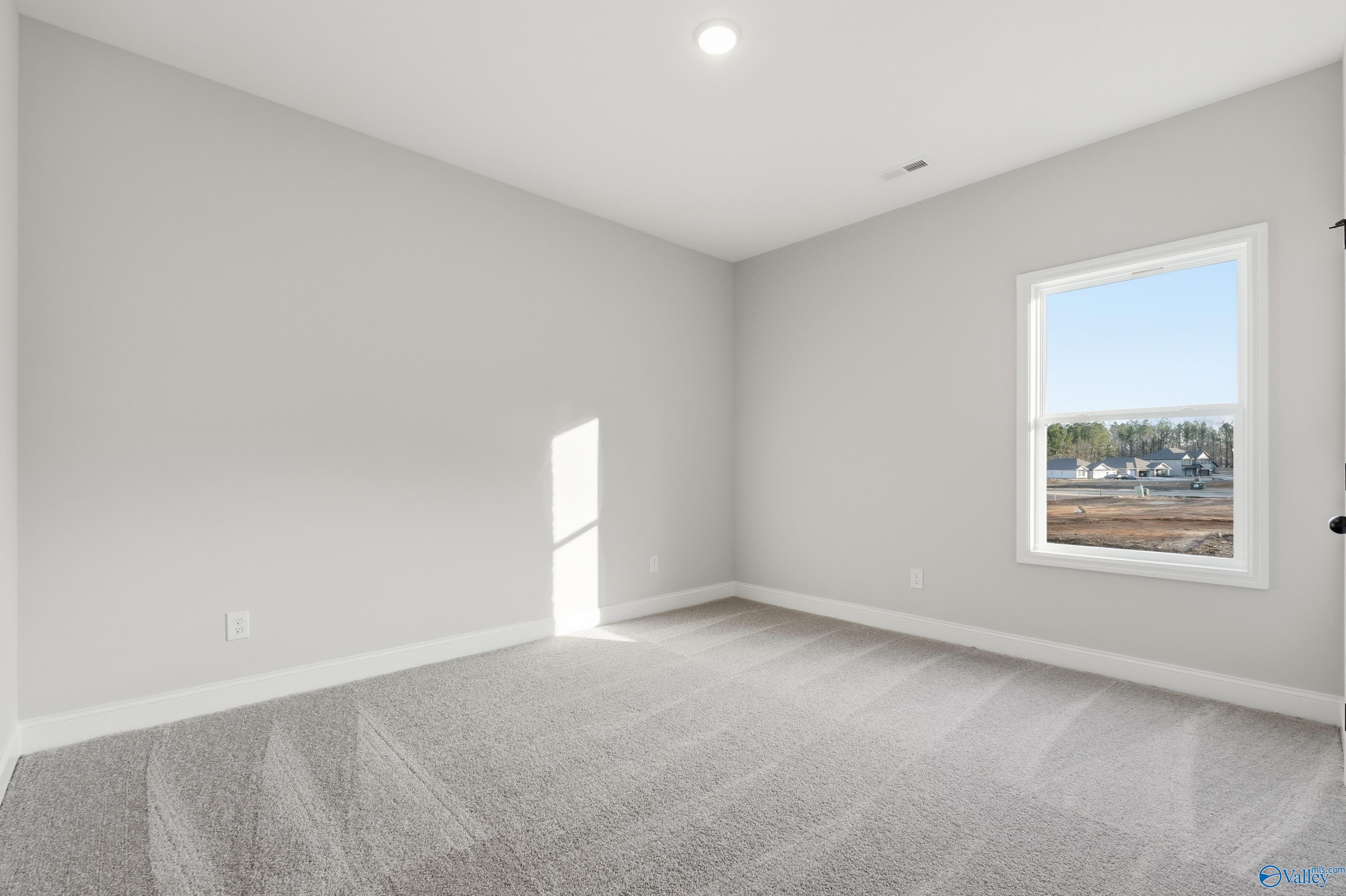 Bright empty bedroom with gray walls, carpet flooring, and large window overlooking sunny outdoors in Davidson Homes The Daphne D, Arab, Alabama