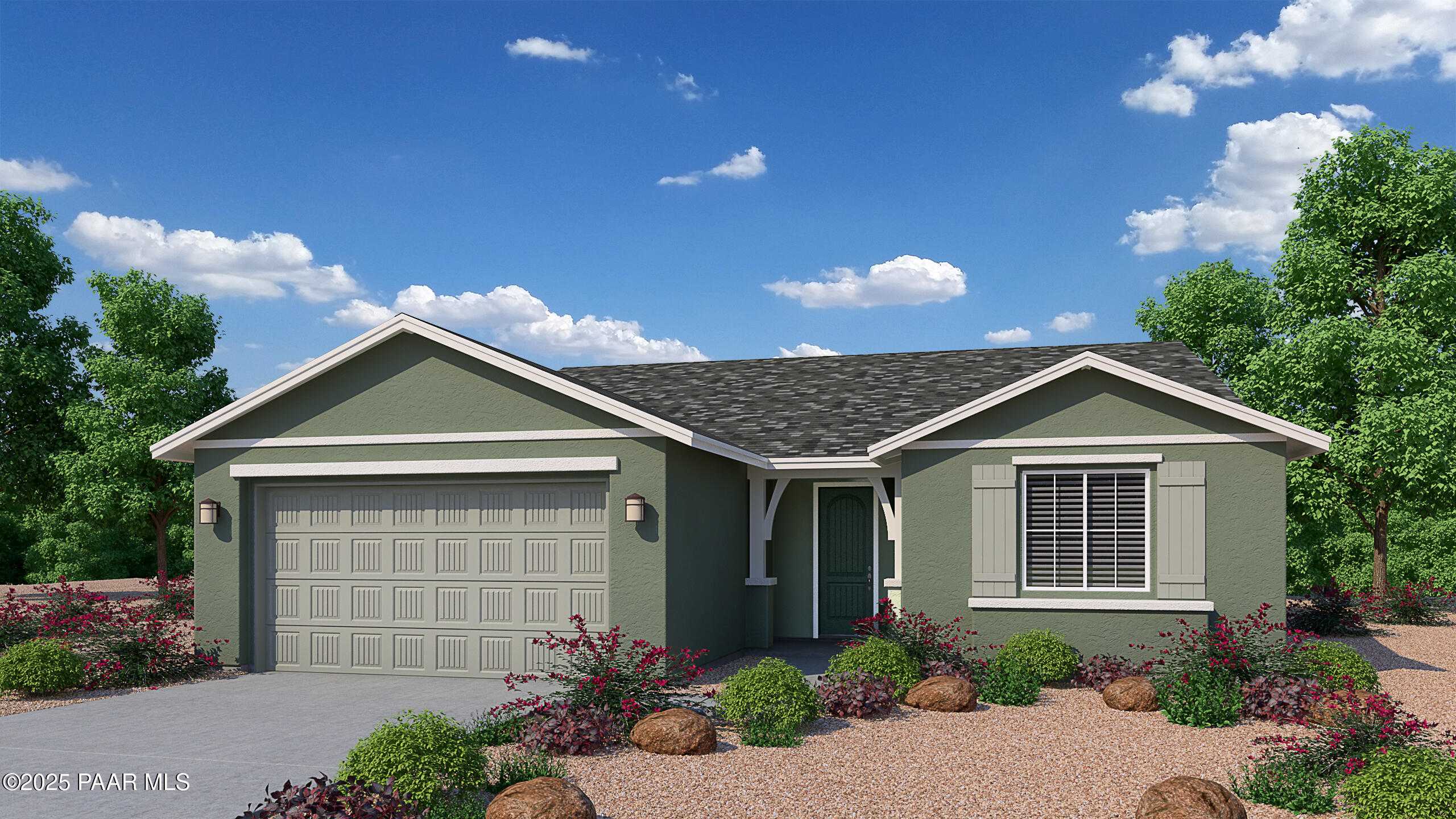 Single-story Durango II A home by Davidson Homes in Westwood, Prescott, Arizona, with 3-car garage and desert landscaping