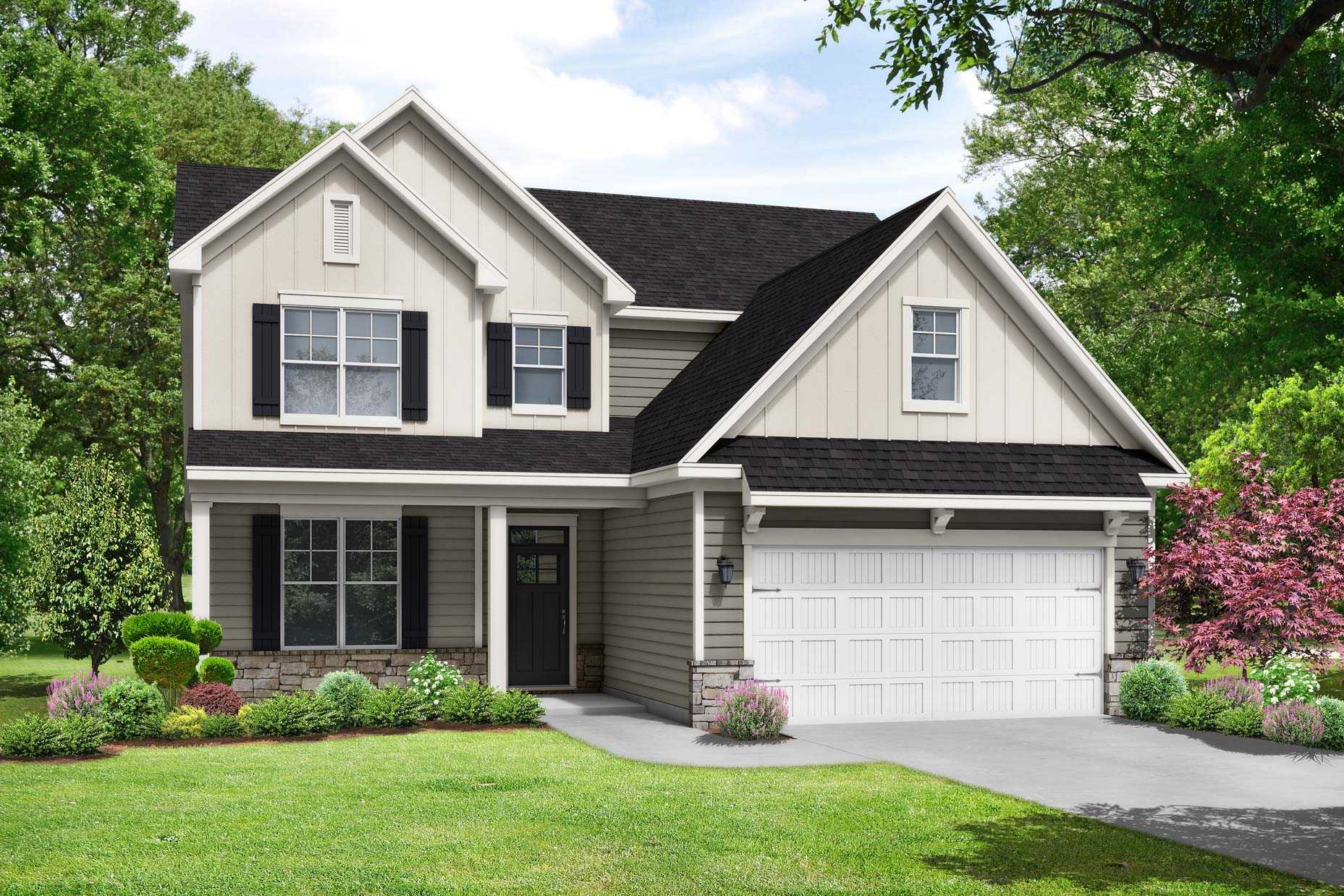 Two-story The Ash B home elevation with white siding, black roof, front porch, 2-car garage, and landscaped yard in Lillington NC