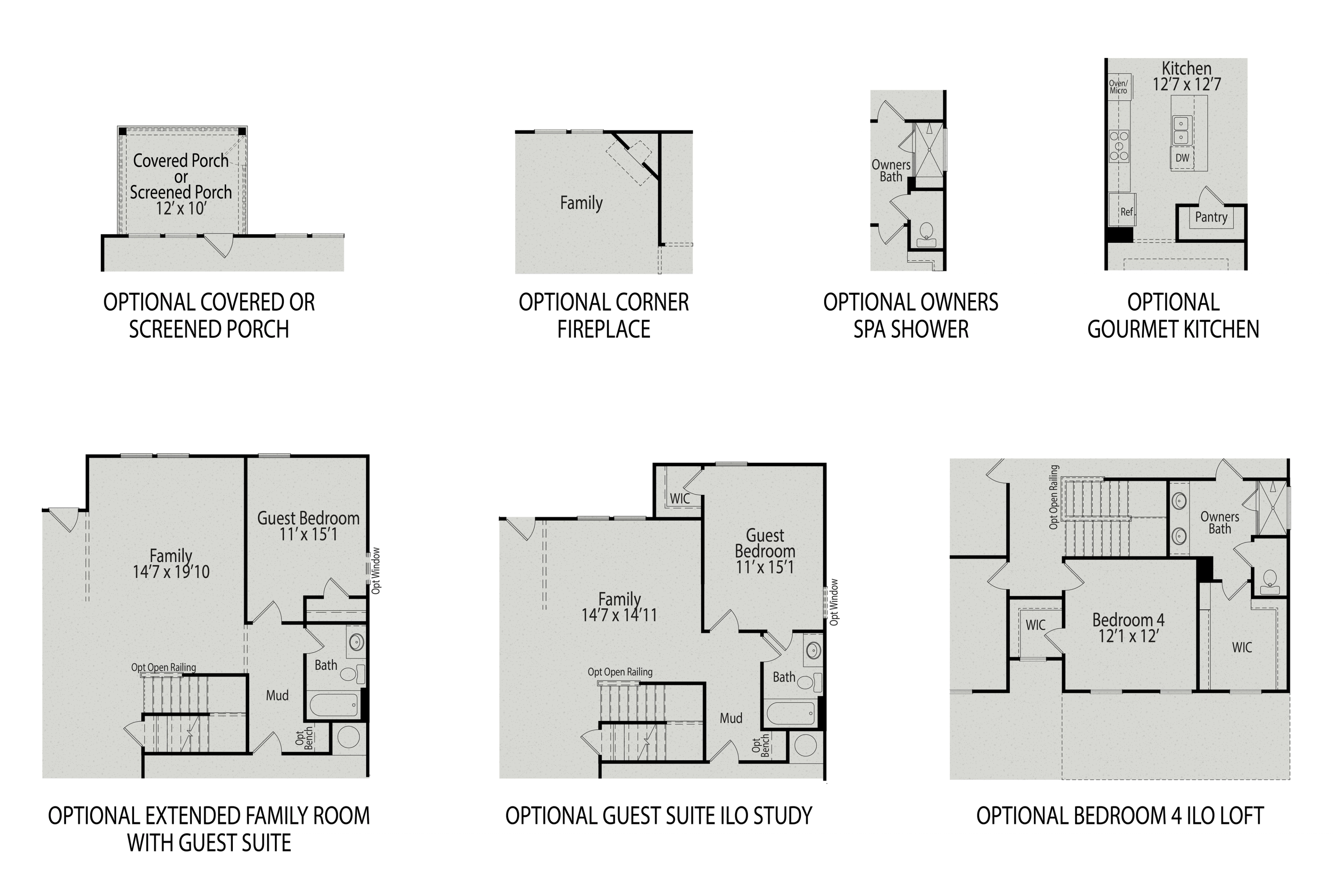 First floor plan of The Willow B home design featuring optional covered porch, extended family room, gourmet kitchen, and spa shower