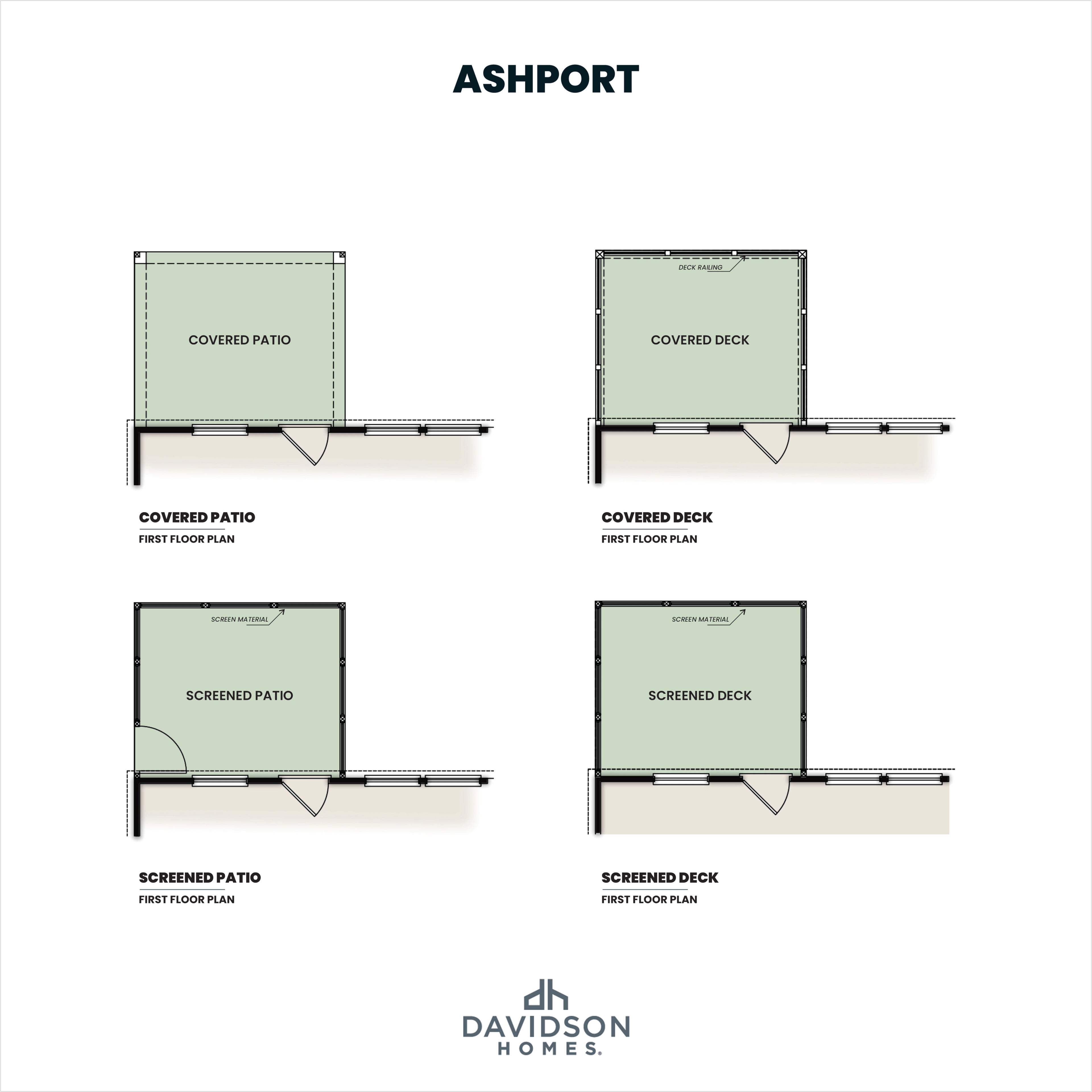 Ashport first floor plans by Davidson Homes showcasing covered patio, screened patio, covered deck, and screened deck options