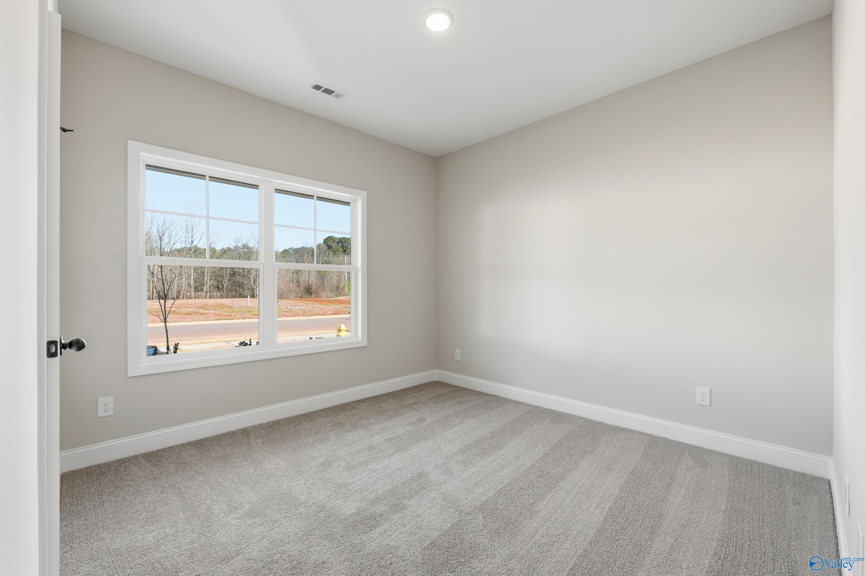 Spacious empty bedroom with large window overlooking trees, gray carpet and walls in The Franklin E by Davidson Homes, Hazel Green AL