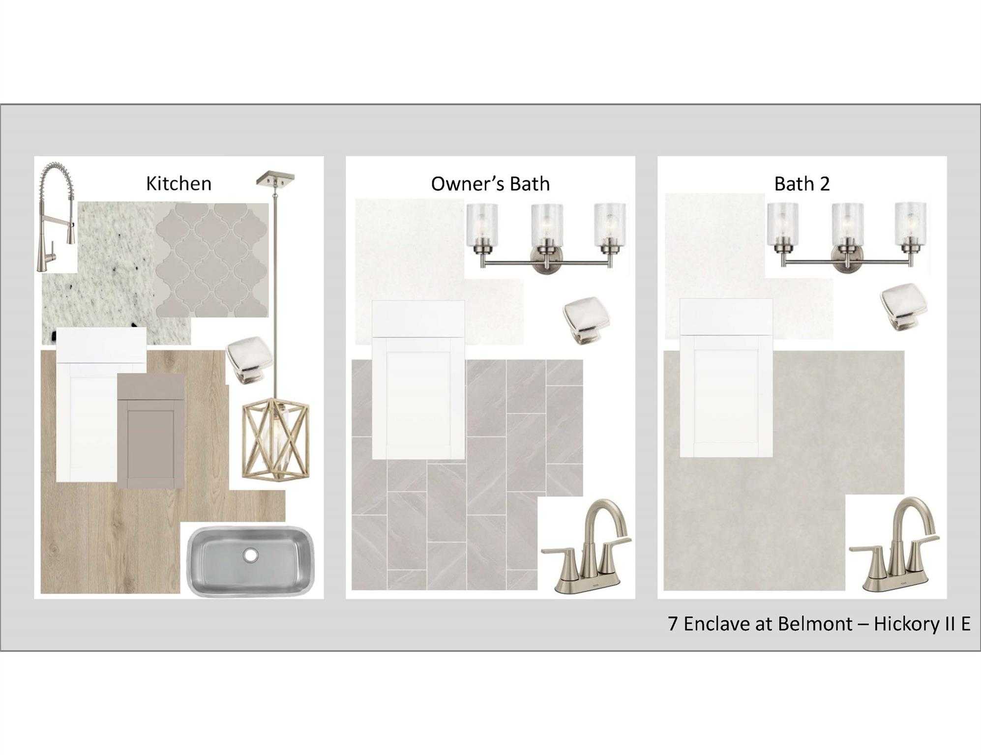 Modern kitchen and bath design board with faucets, tiles, vanities in Hickory E II at Enclave at Belmont, NC