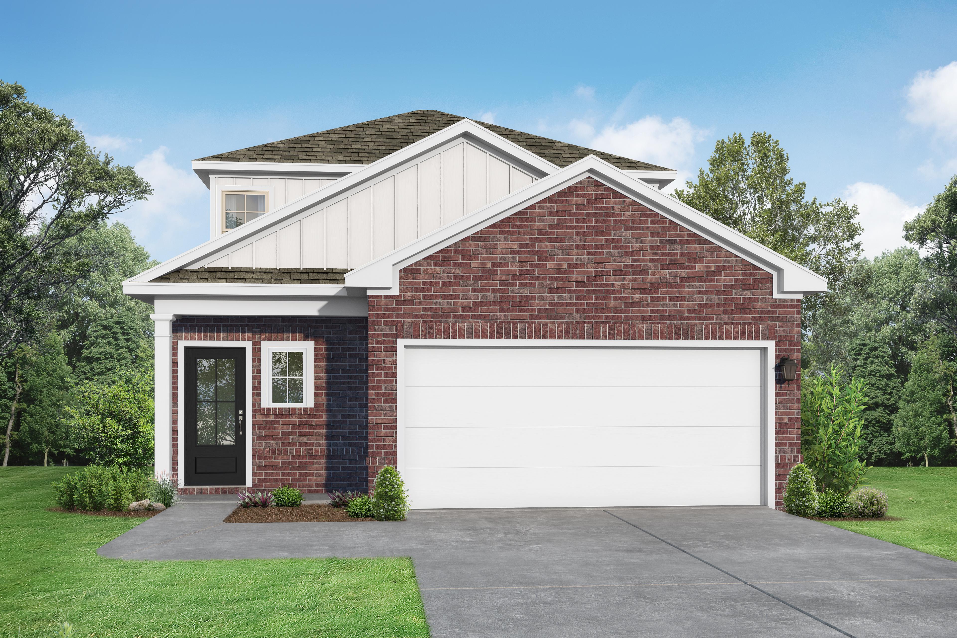 Two-story The Sabine F elevation featuring brick accents, white siding, 2-car garage, and landscaped yard in Beasley Texas