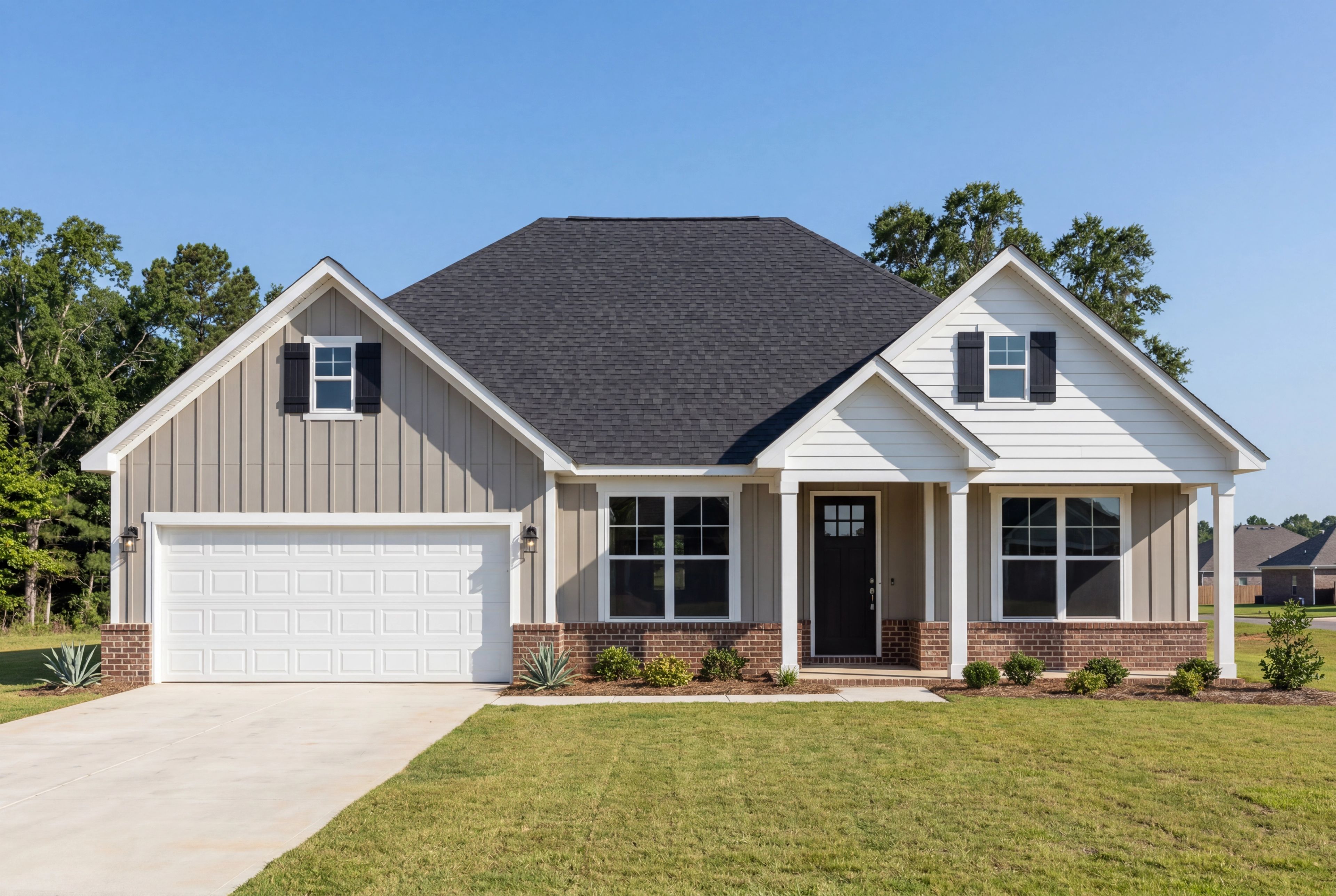 Exterior elevation of The Harrison C in Cullman, Alabama, featuring a one-story design with brick, siding, and garage.