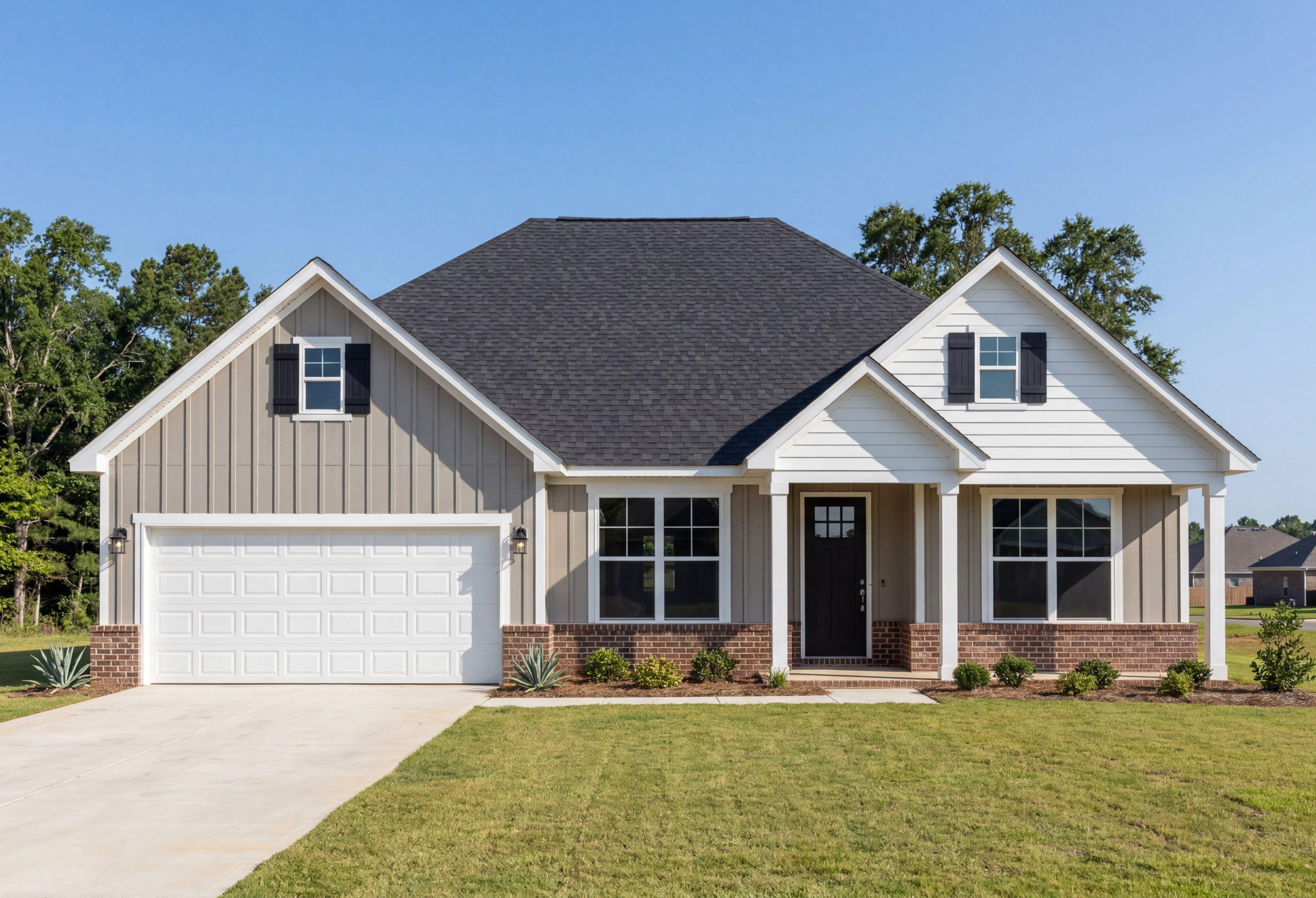 Exterior elevation of The Harrison C in Cullman, Alabama, featuring a one-story design with brick, siding, and garage.