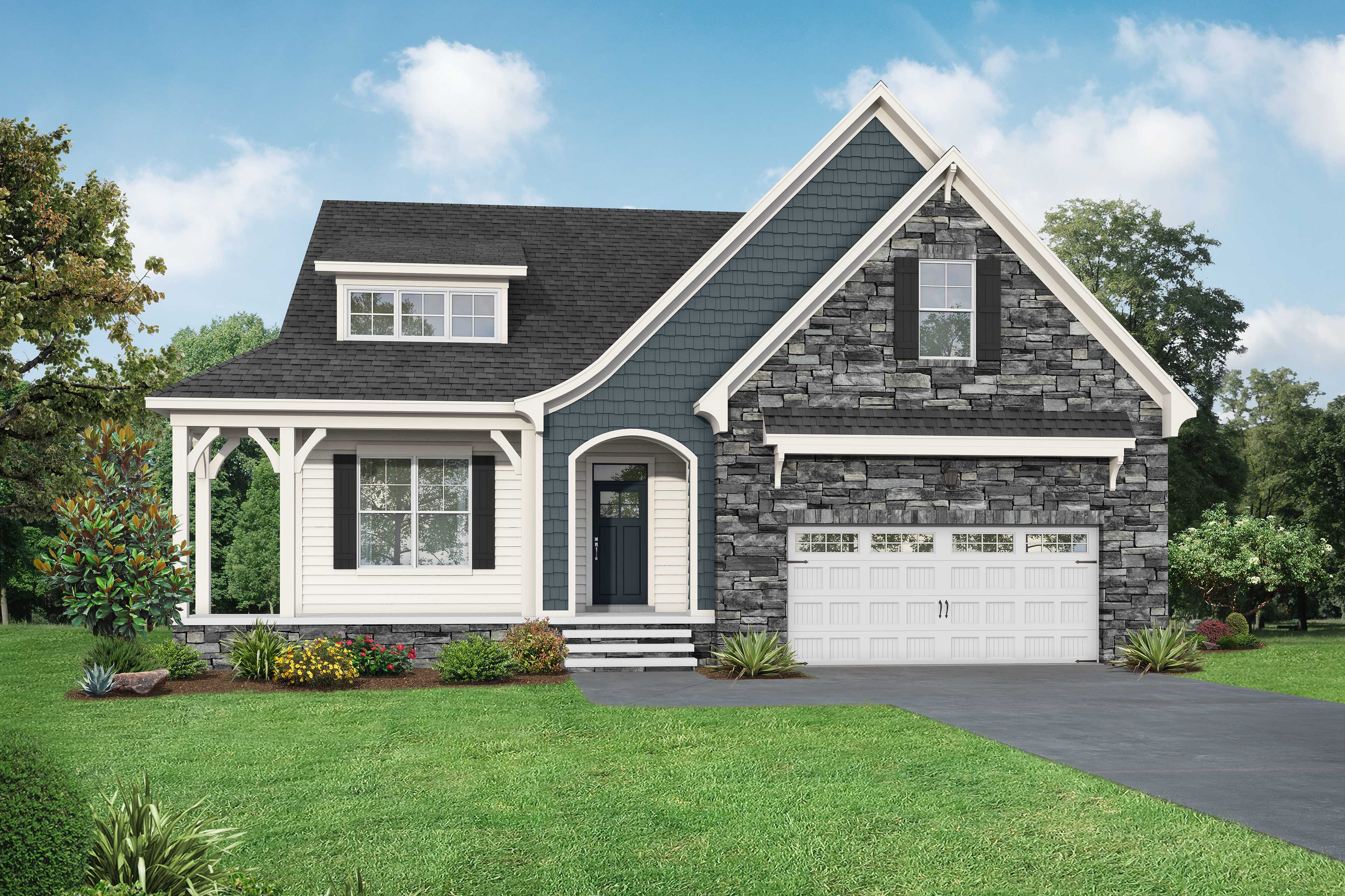 Two-story The Cypress D II elevation with stone and siding exterior, 2-car garage, front porch, and landscaped yard in Angier NC