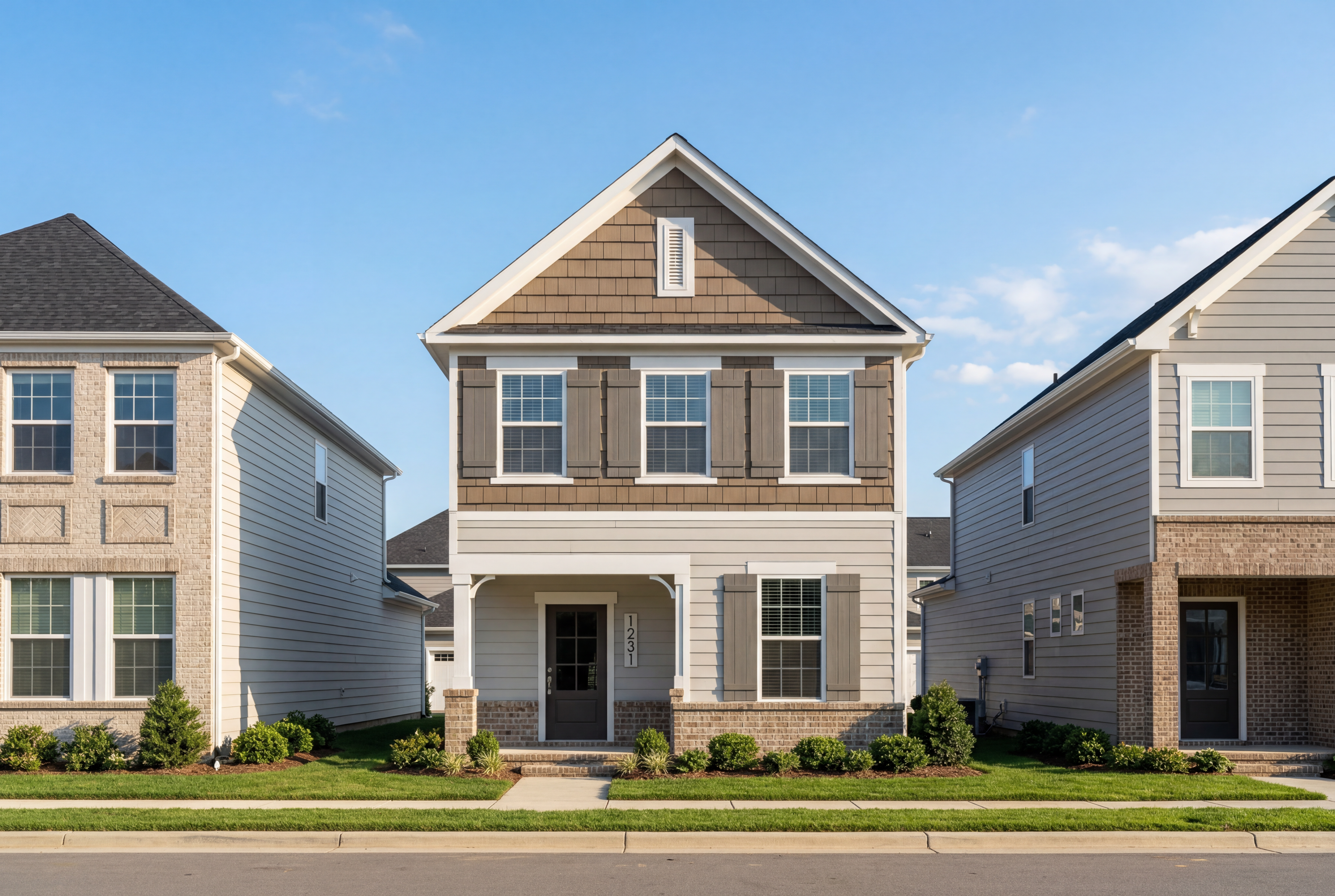 Two-story Alexander D home exterior with beige siding, gabled roof, covered porch, and landscaped yard in Knightdale, NC