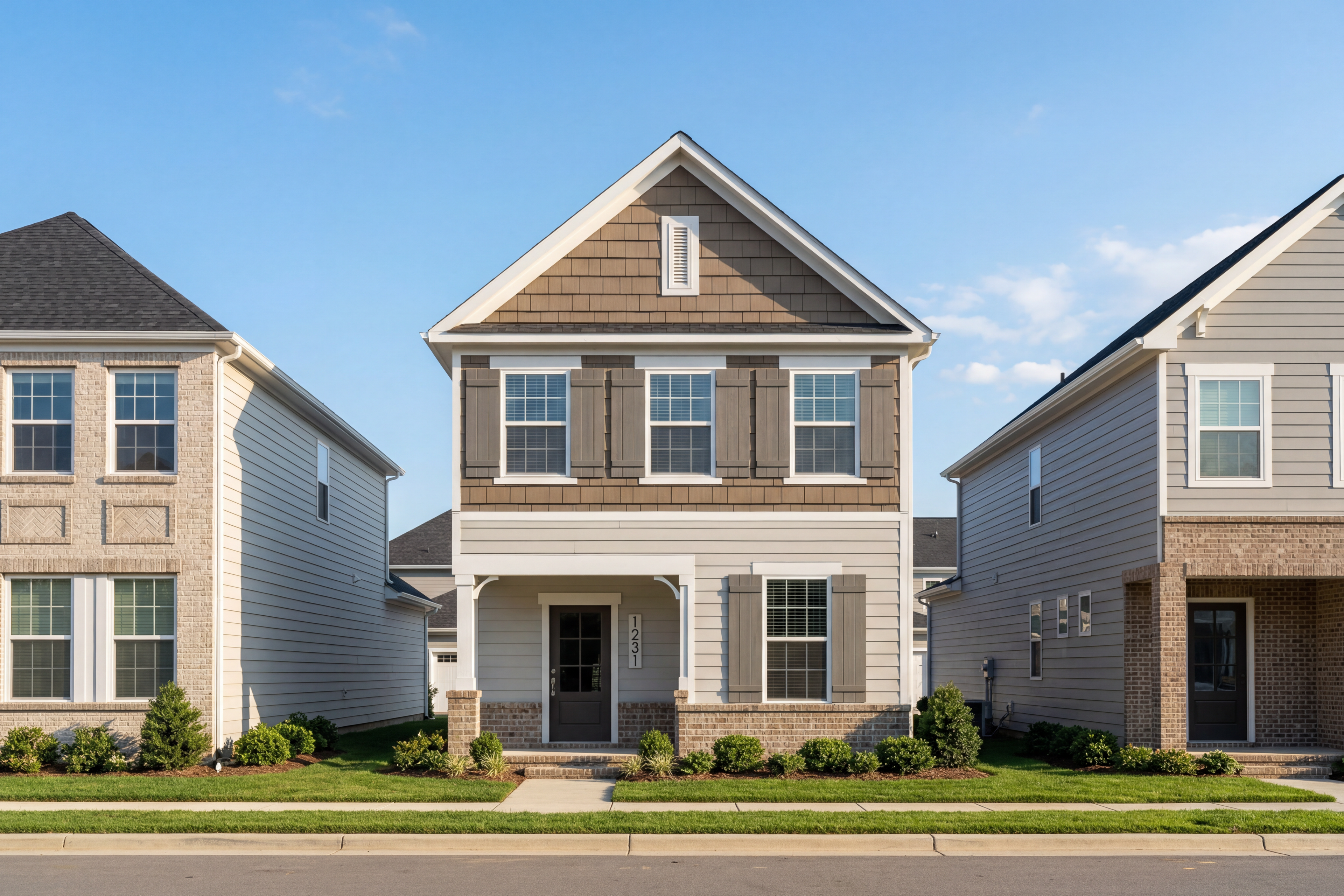 Two-story Alexander D home exterior with beige siding, gabled roof, covered porch, and landscaped yard in Knightdale, NC