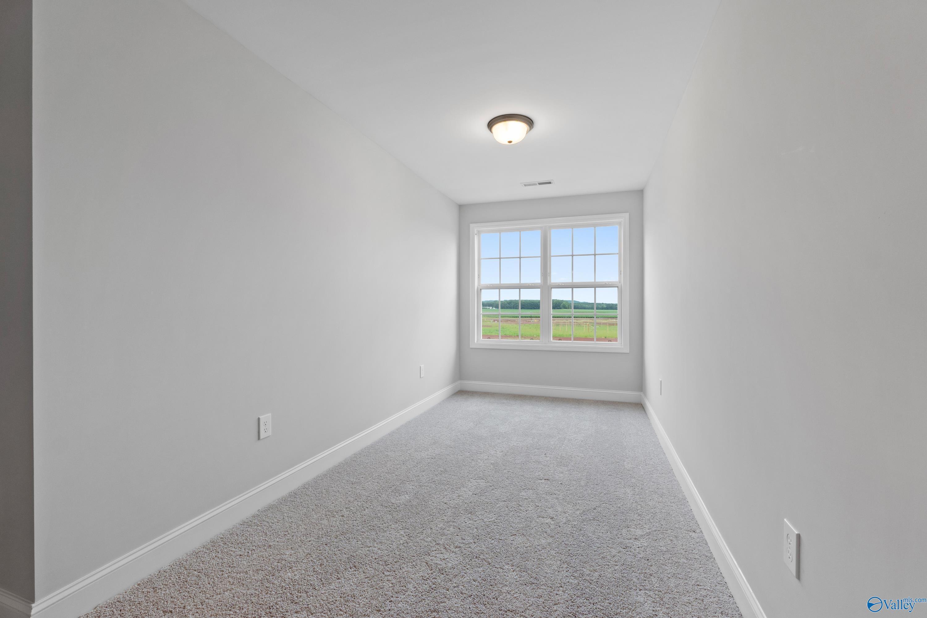 Bright secondary bedroom with gray walls, carpet floor, and large window view in Davidson Homes The Rockford B, Toney, Alabama
