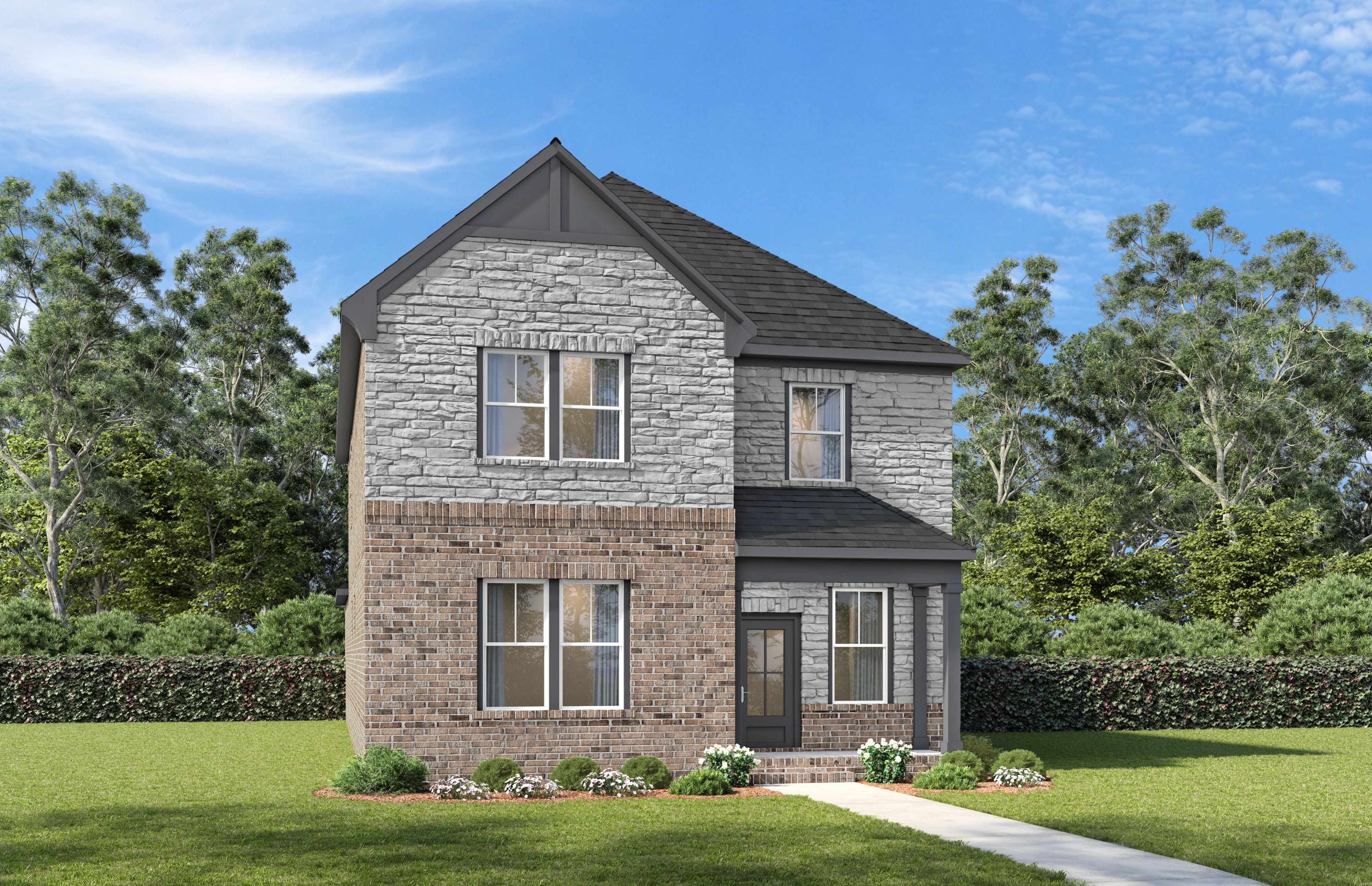 Two-story brick and stone exterior of The Oakmont by Davidson Homes, a 3-4 bedroom single-family home in Mt. Juliet, TN.