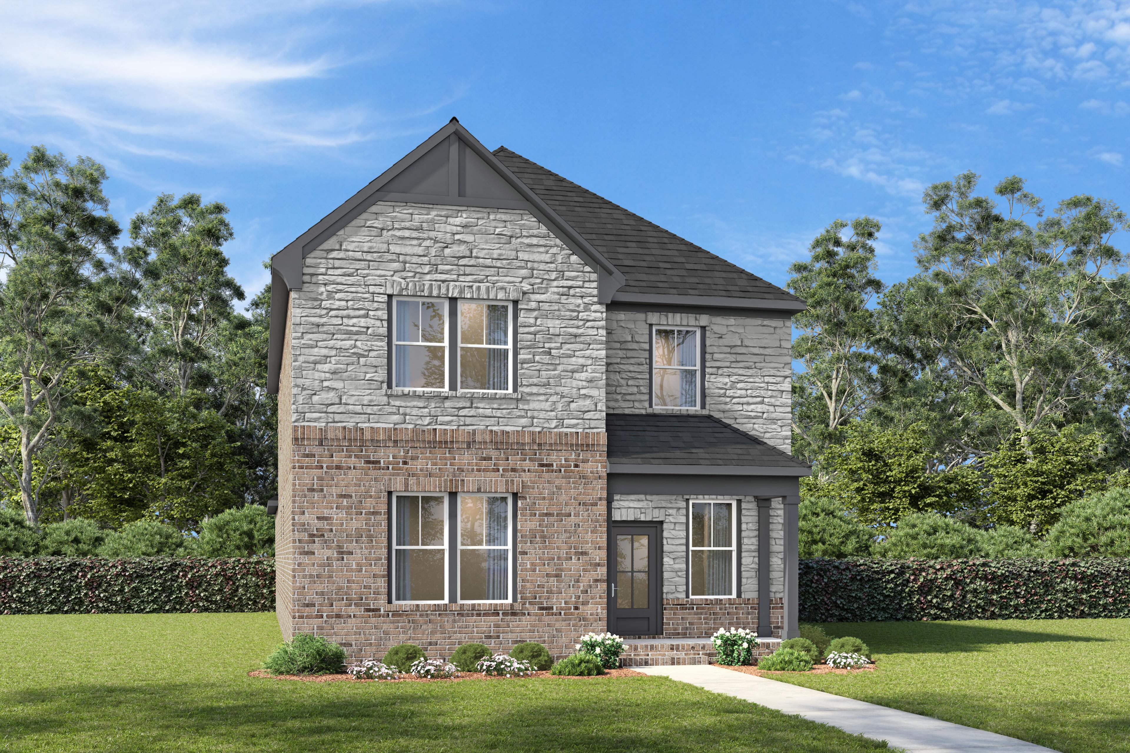 Two-story brick and stone exterior of The Oakmont by Davidson Homes, a 3-4 bedroom single-family home in Mt. Juliet, TN.