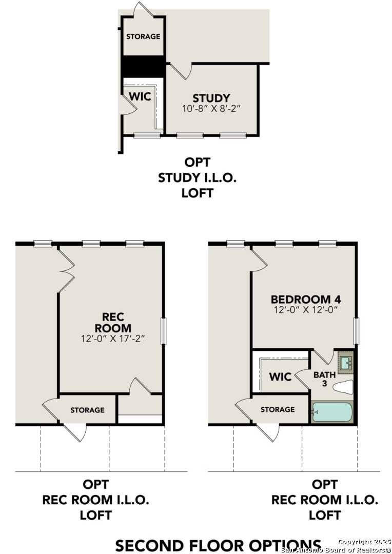Second floor options for The Belmont H: loft, study, rec room, bedroom 4 with bath in Davidson Homes, Castroville, Texas