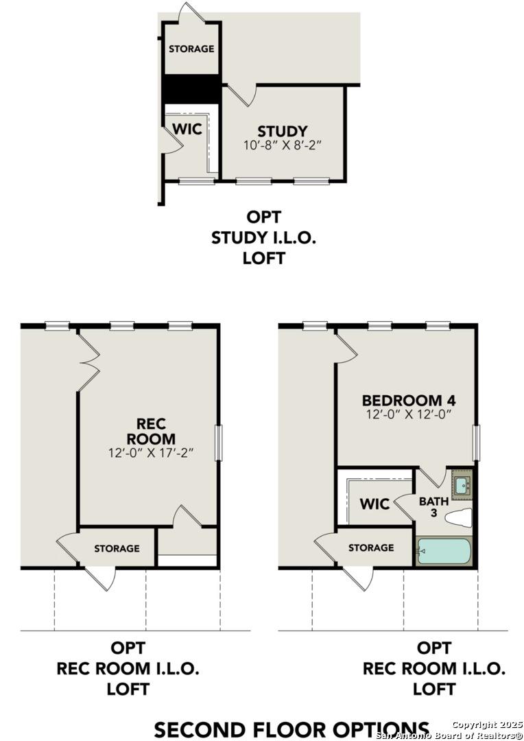 Second floor options for The Belmont H: loft, study, rec room, bedroom 4 with bath in Davidson Homes, Castroville, Texas