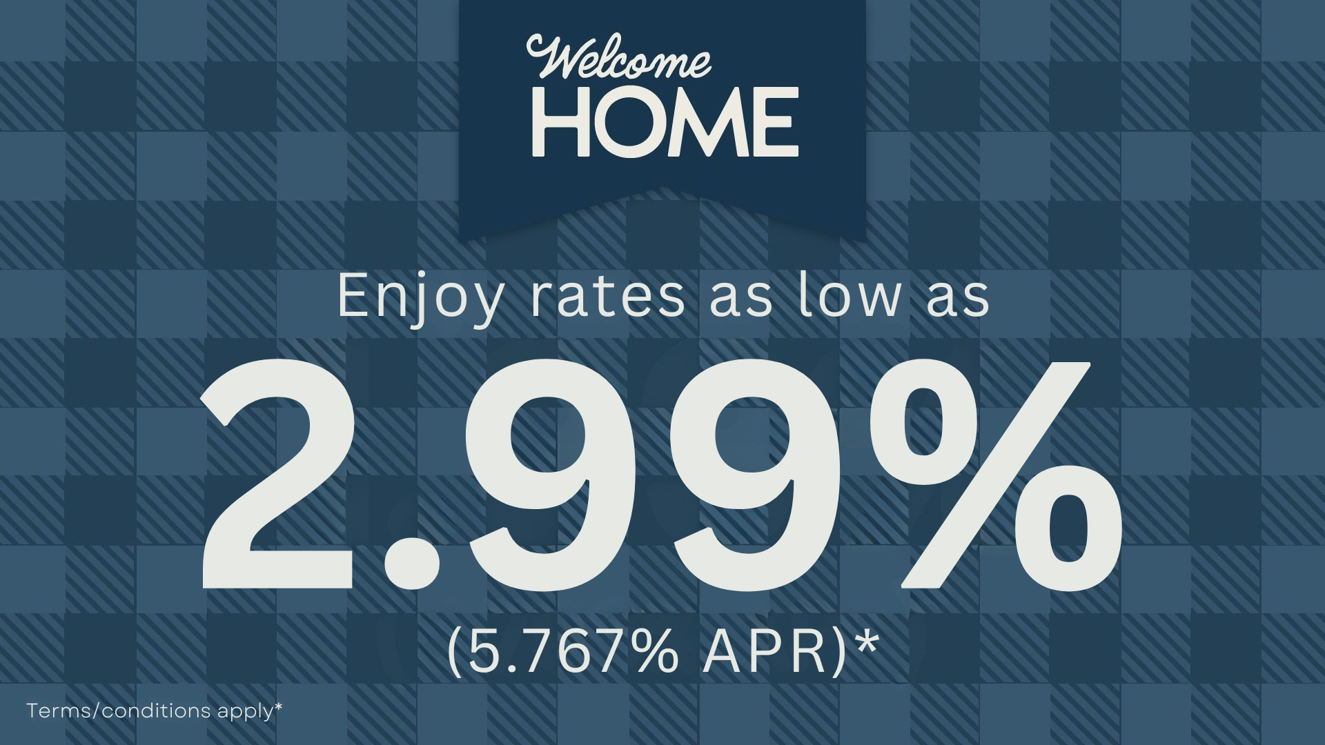 Blue plaid banner promoting Welcome Home with starting rates as low as 2.99% (5.767% APR) for Nashville homebuyers