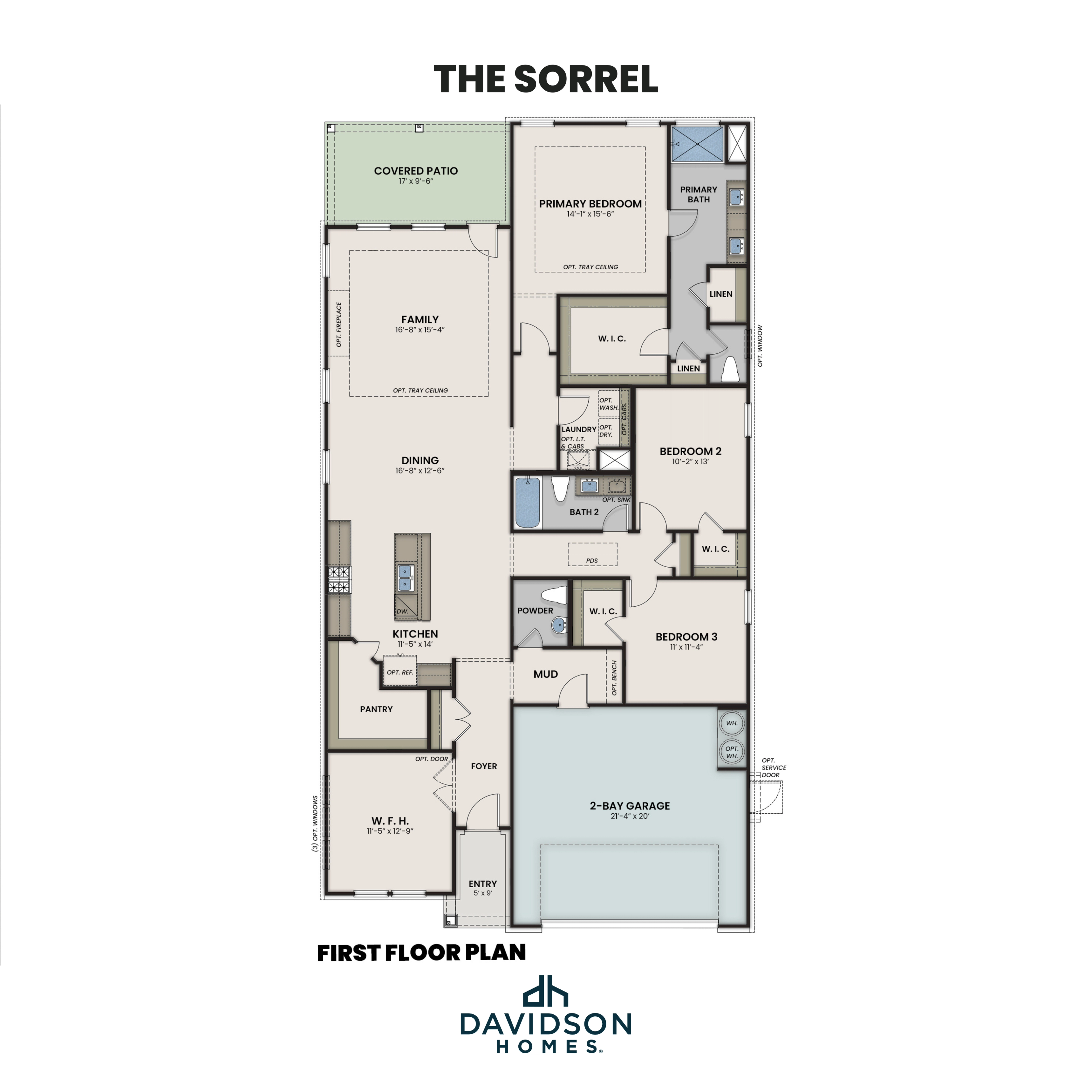 First floor plan of The Sorrel by Davidson Homes: 3-4 bedroom single-story layout with primary suite, open kitchen, dining, family room, covered patio, and 2-car garage