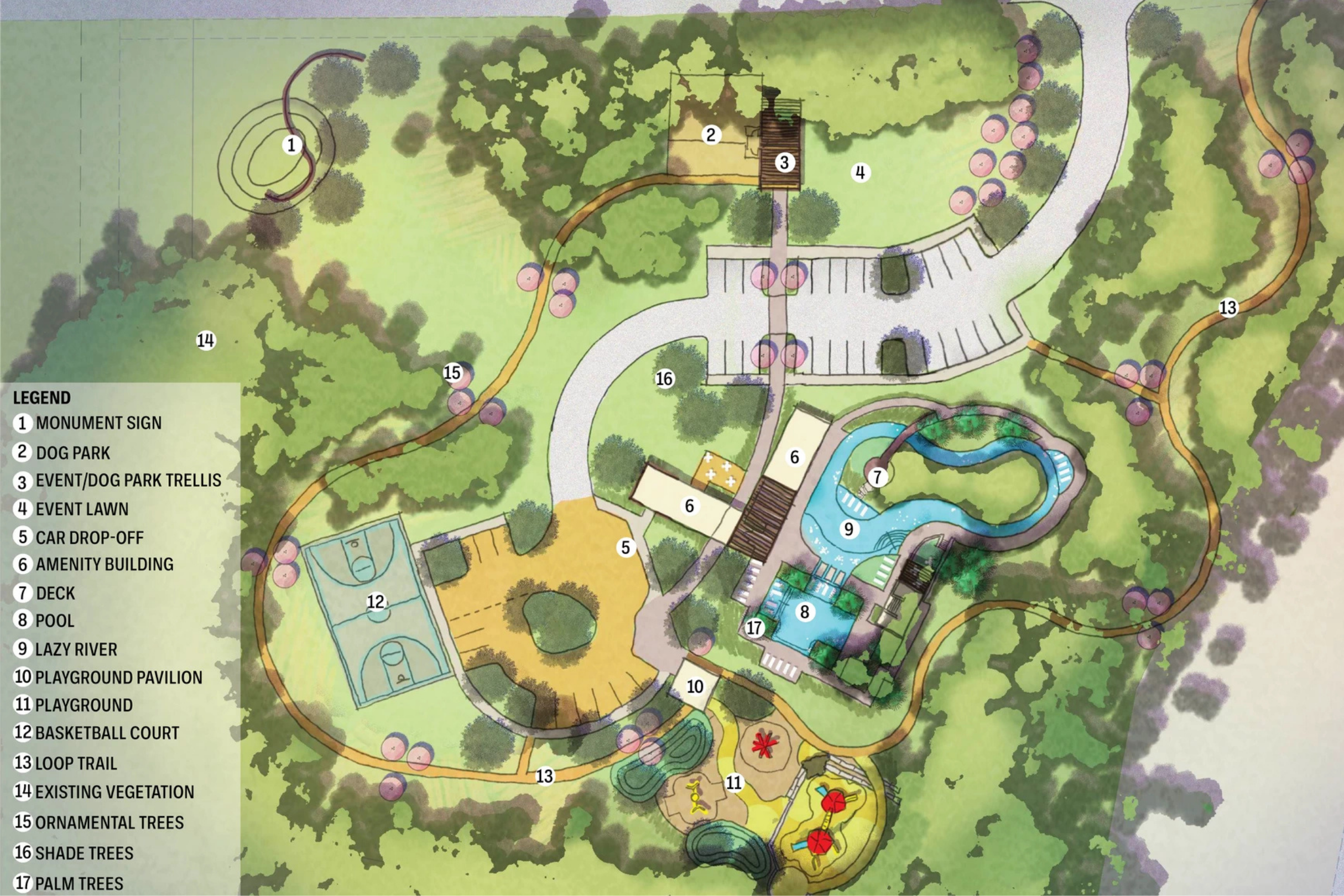 Hickory Ridge site plan in Elmendorf Texas featuring resort-style pool playground basketball court amenity building and trails