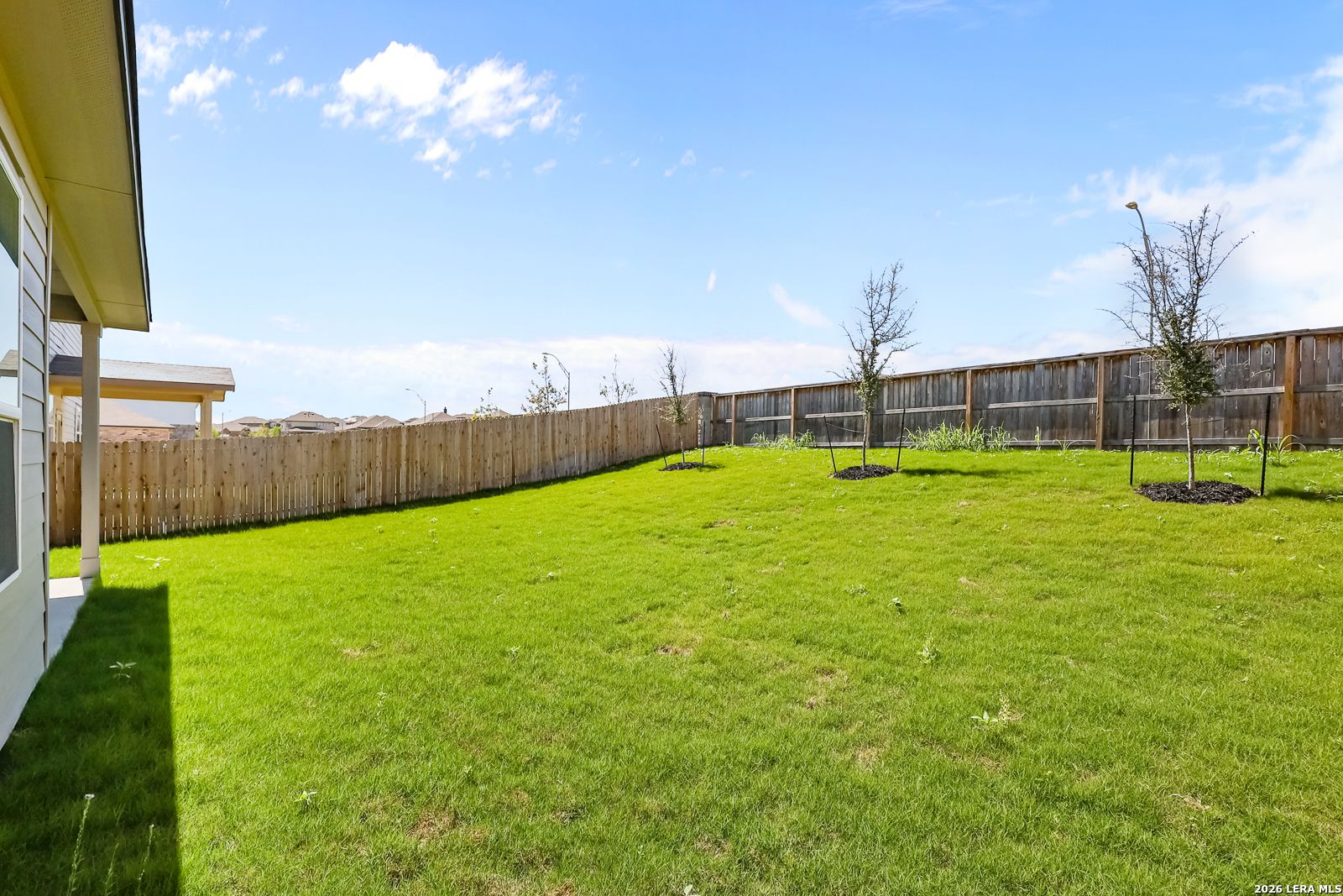 Spacious backyard with lush green lawn, wooden fence, and young trees in Davidson Homes The Sequoia B, Comanche Ridge, San Antonio