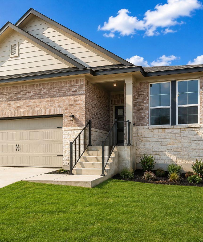 Davidson Homes exterior at Rayburn Valley in San Antonio, TX, featuring brick and stone facade with a two-car garage.