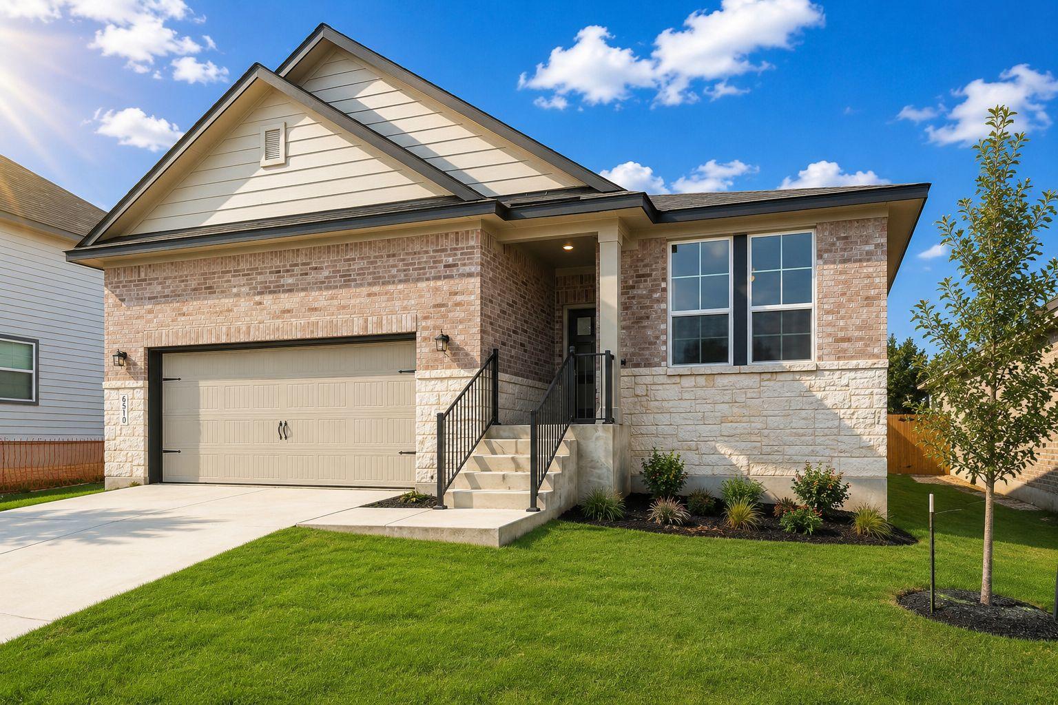 Davidson Homes exterior at Rayburn Valley in San Antonio, TX, featuring brick and stone facade with a two-car garage.