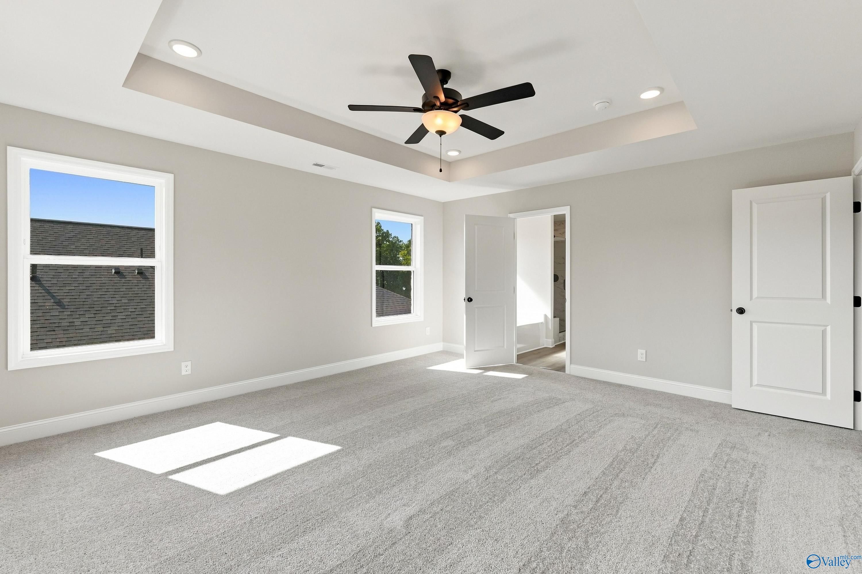 Bright primary bedroom with tray ceiling, ceiling fan, and carpet in Davidson Homes The Chelsea B, New Market, Alabama