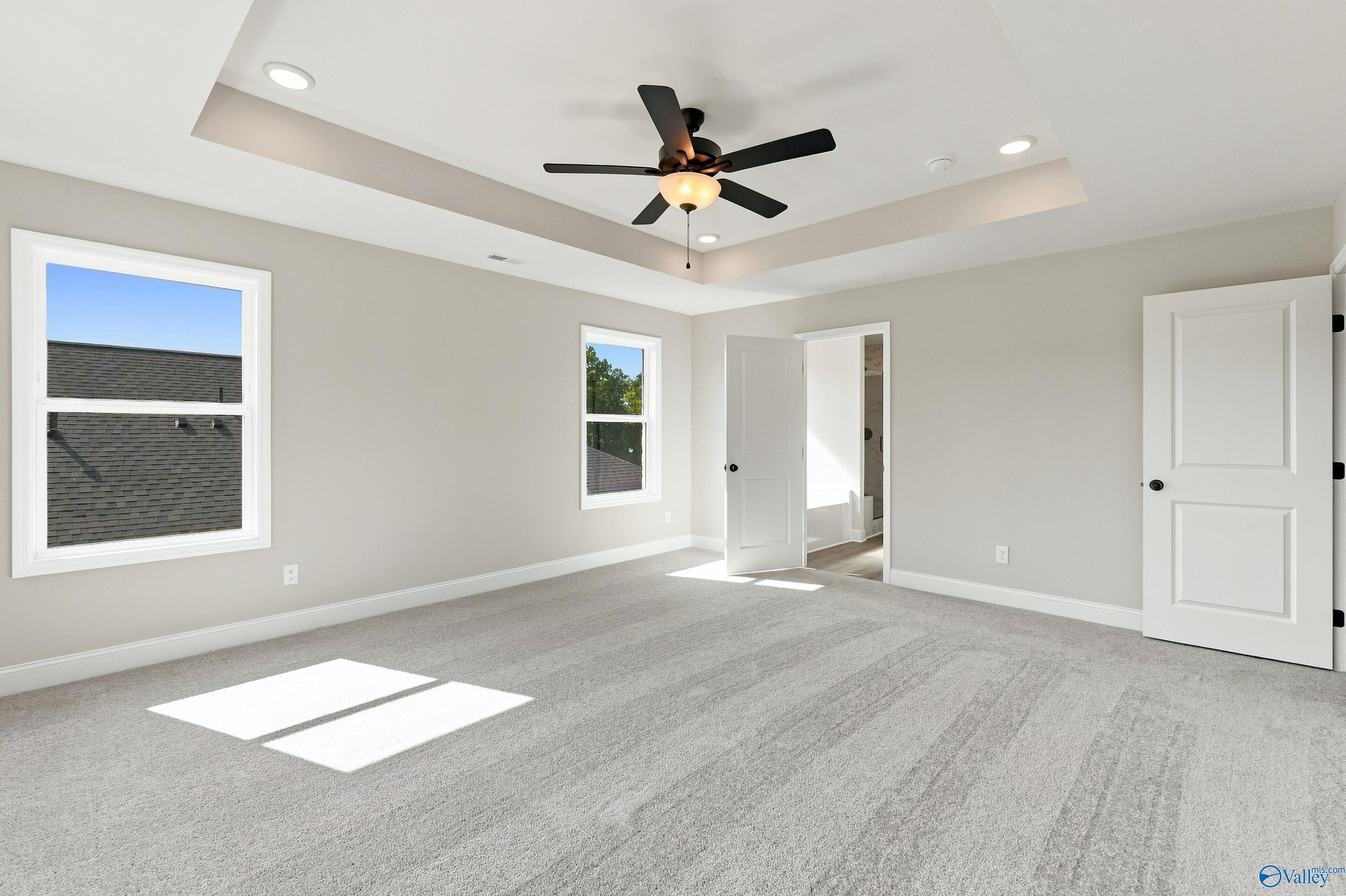 Bright primary bedroom with tray ceiling, ceiling fan, and carpet in Davidson Homes The Chelsea B, New Market, Alabama