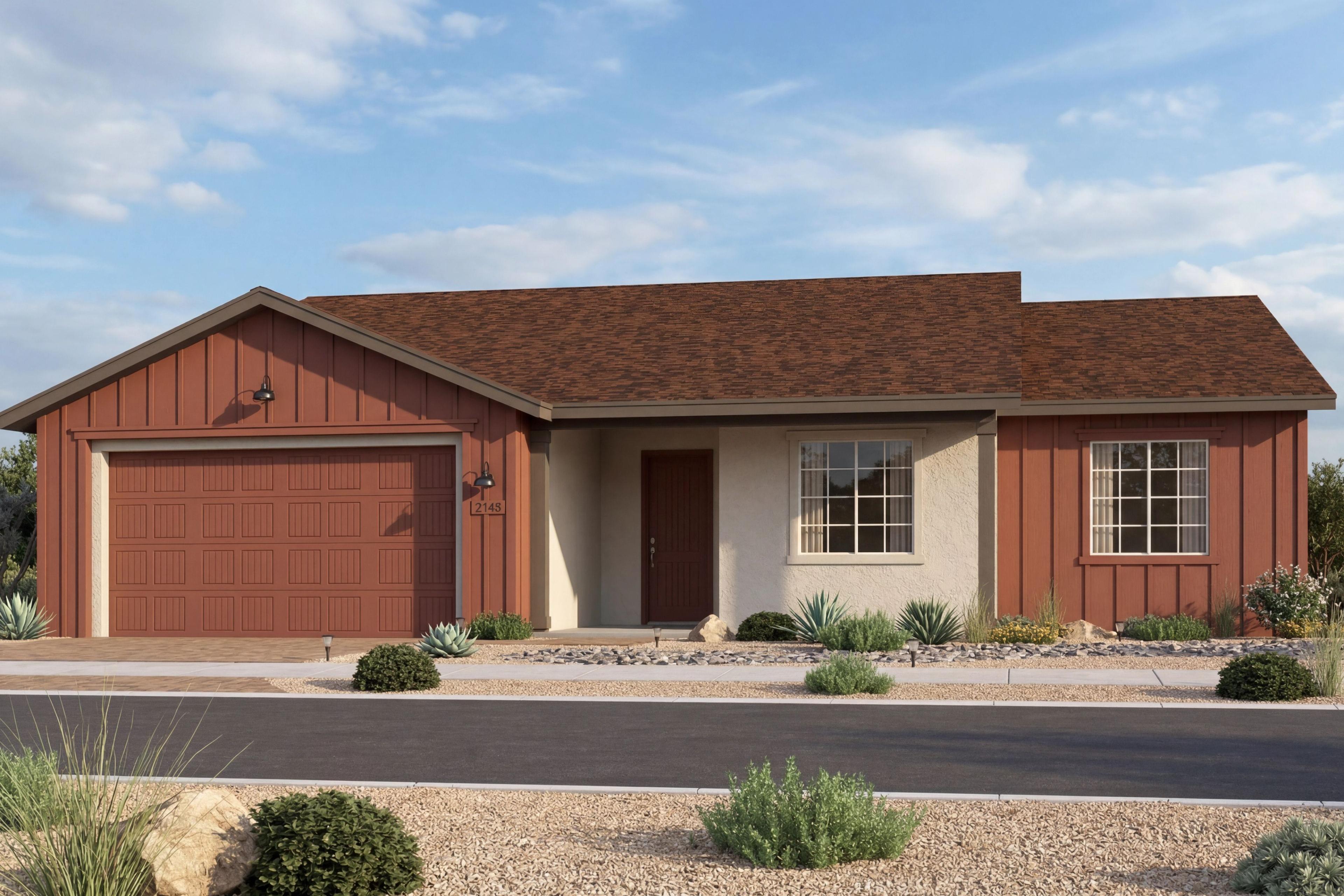 Modern farmhouse exterior of The Summit in Prescott Valley featuring a 3-car garage and desert landscaping.
