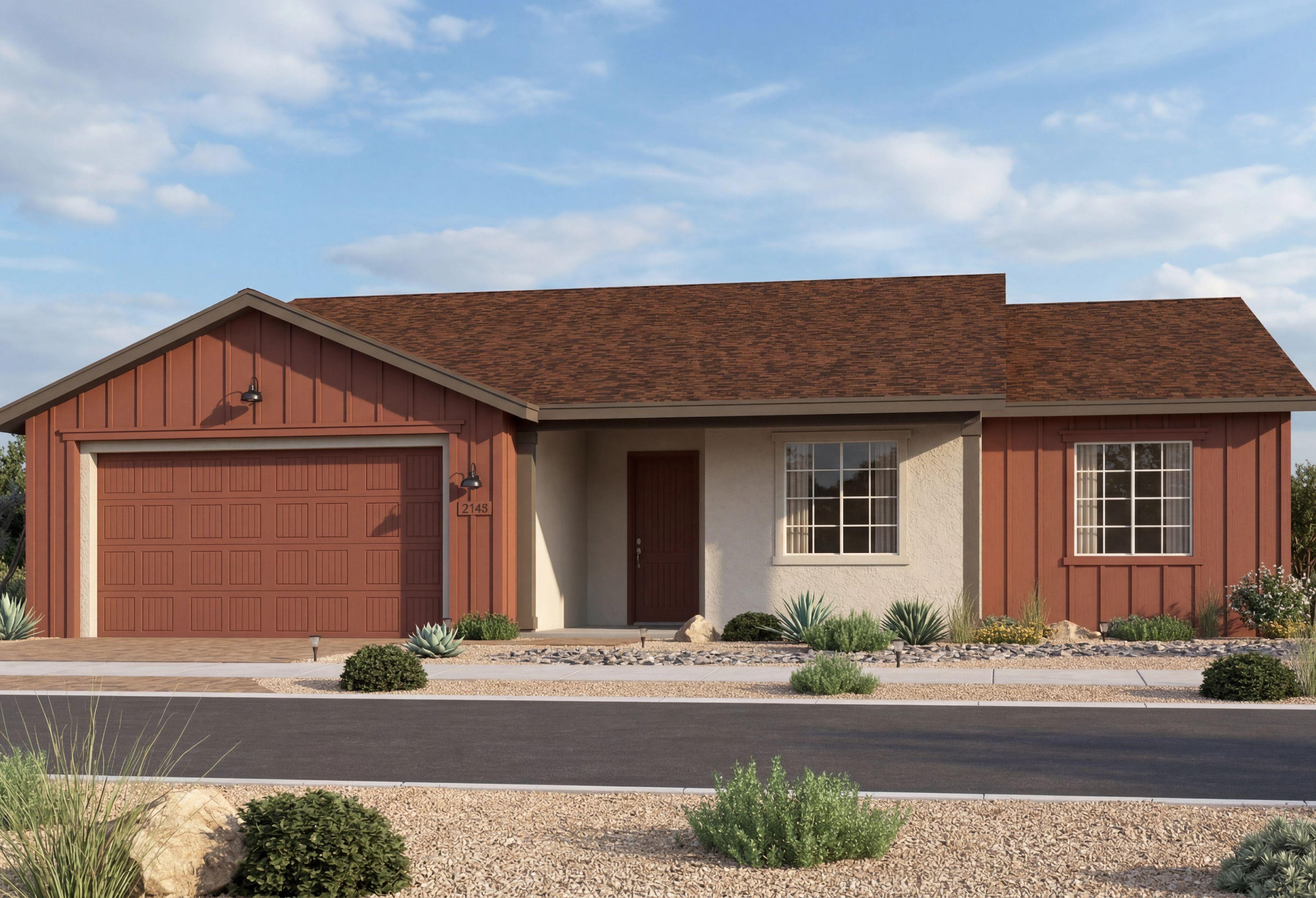 Modern farmhouse exterior of The Summit in Prescott Valley featuring a 3-car garage and desert landscaping.