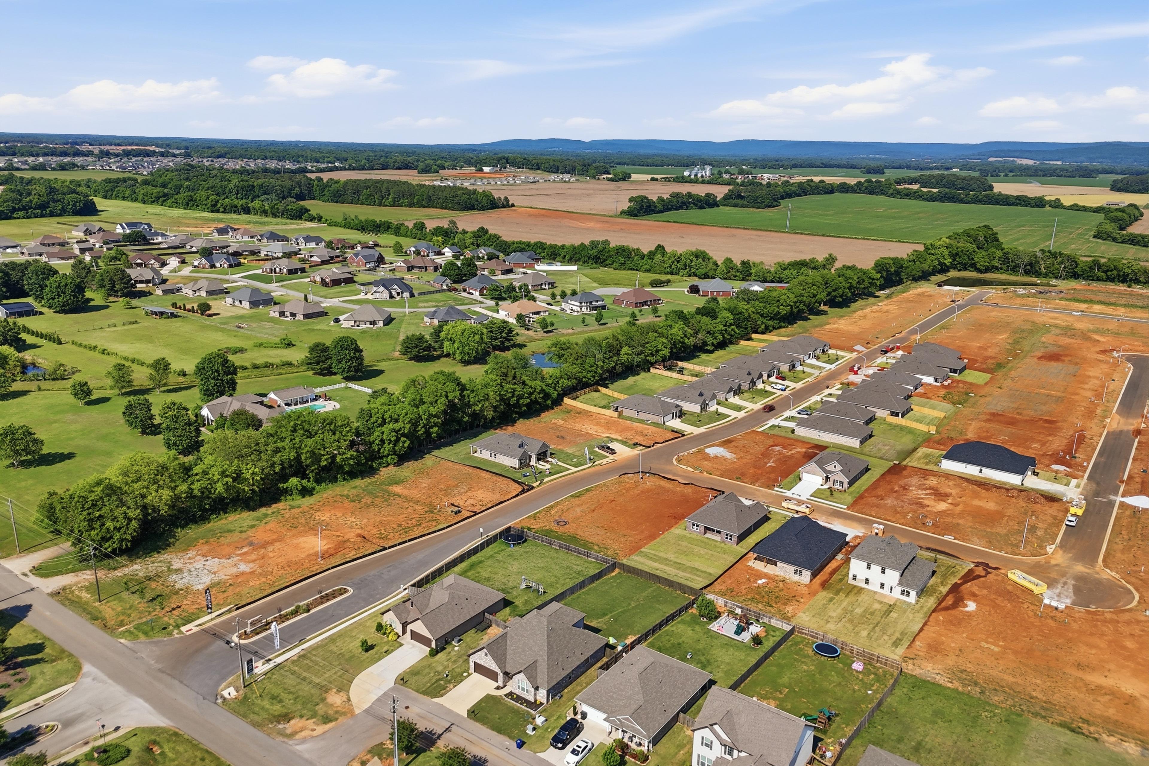 Aerial view of Lynn Meadows neighborhood in Meridianville, Alabama featuring new construction homes by Davidson Homes.