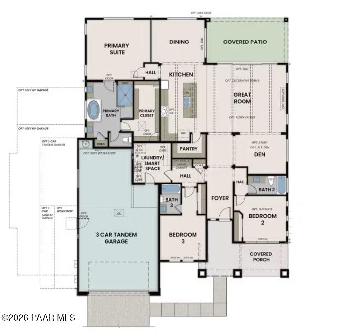The Soleil E floor plan: 3-bed, 3-bath, 2,578 sq ft single-story layout with open kitchen, great room, primary suite, covered patio, 3-car garage in Hidden Hills, Prescott, AZ