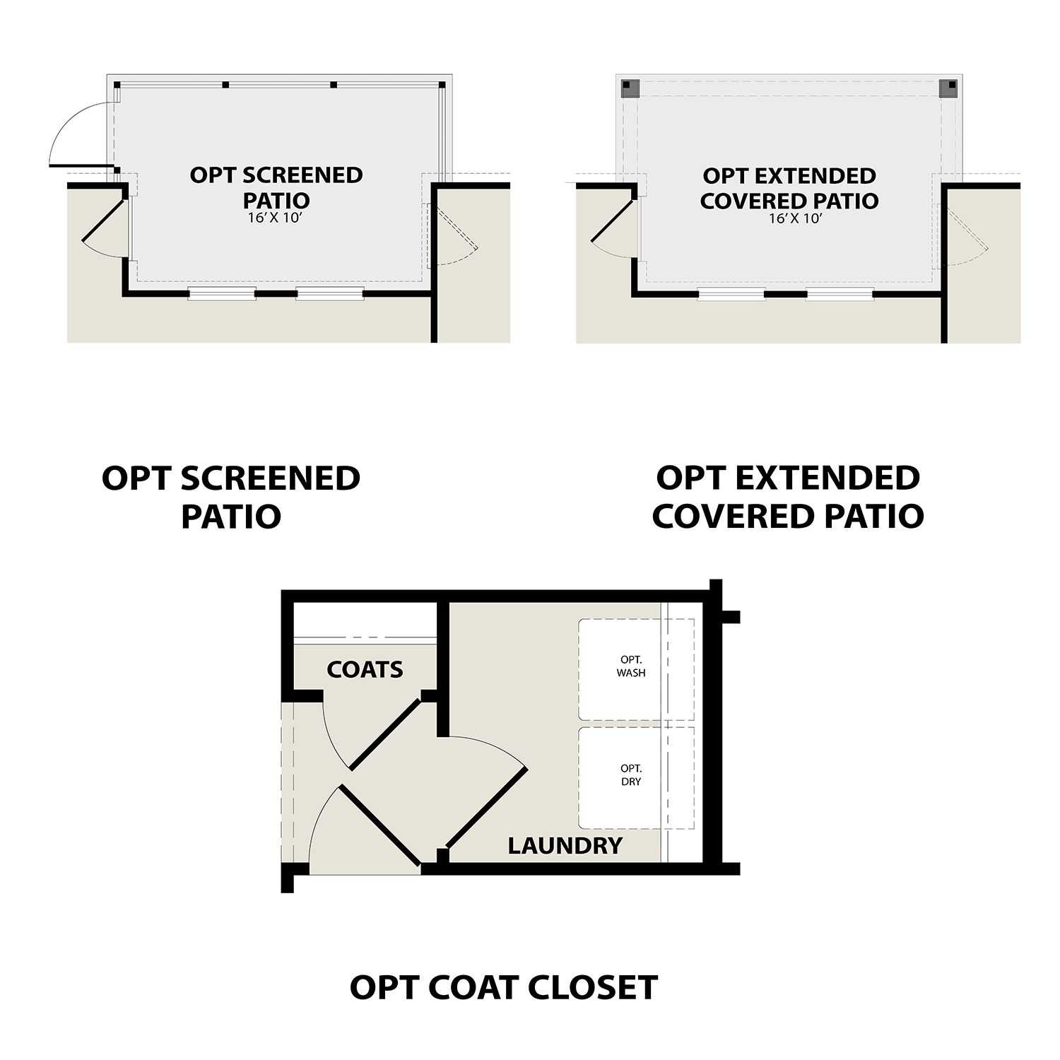 Optional screened patio, extended covered patio, coat closet, and laundry room floor plan for The Redbud C home design