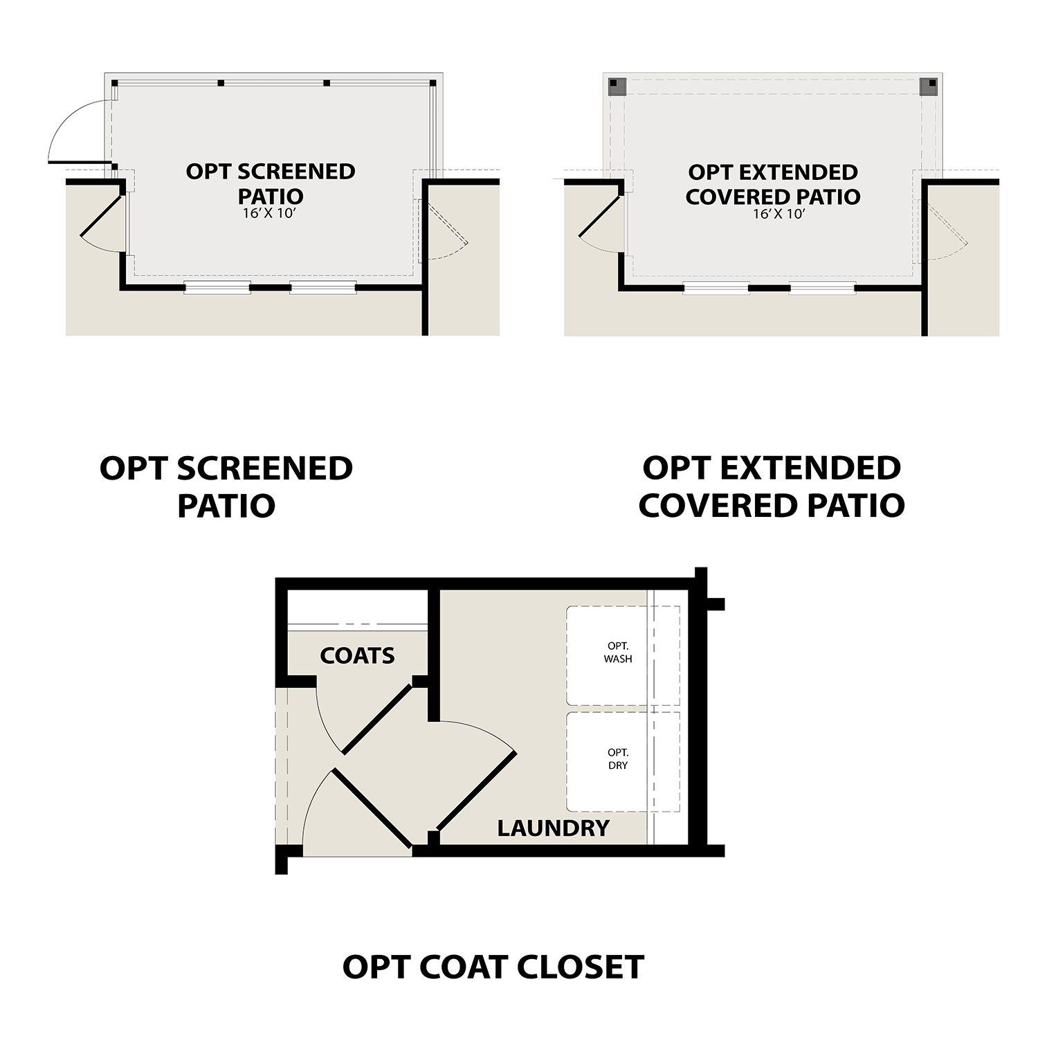 The Redbud B optional patio floor plans: screened patio, extended covered patio, laundry, and coat closet design