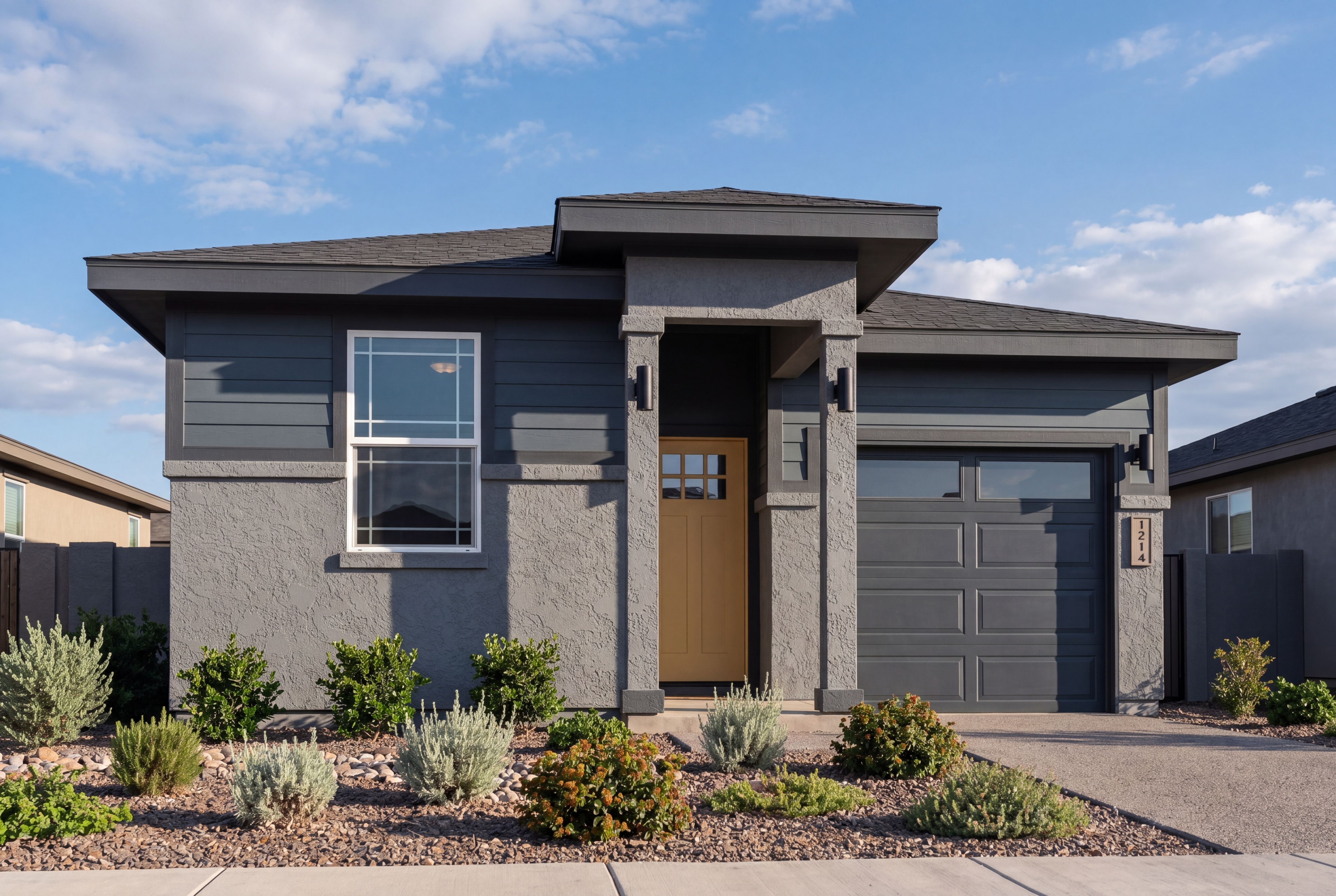 Modern exterior of The Savannah by Davidson Homes in Prescott, featuring a 1-story design with gray siding and garage.