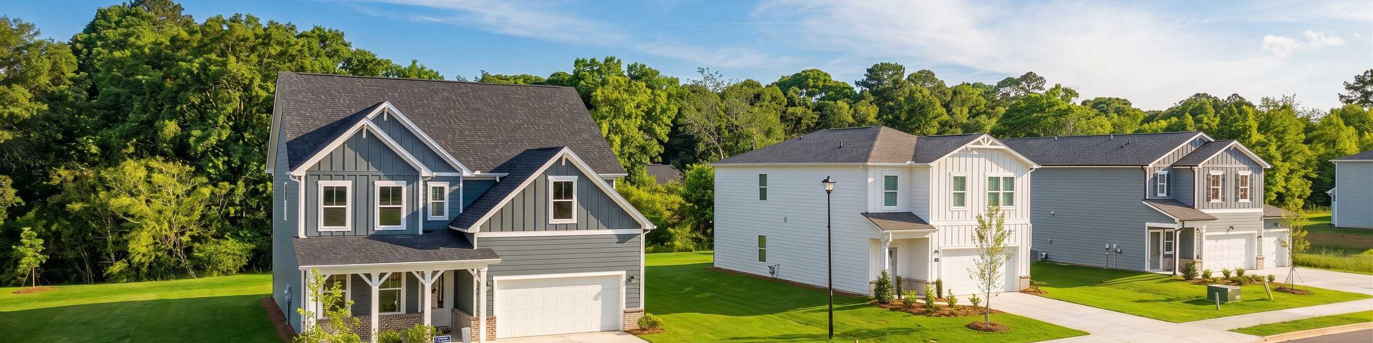 New construction single-family homes by Davidson Homes at Cedar Farms in Winder, Georgia with spacious yards.