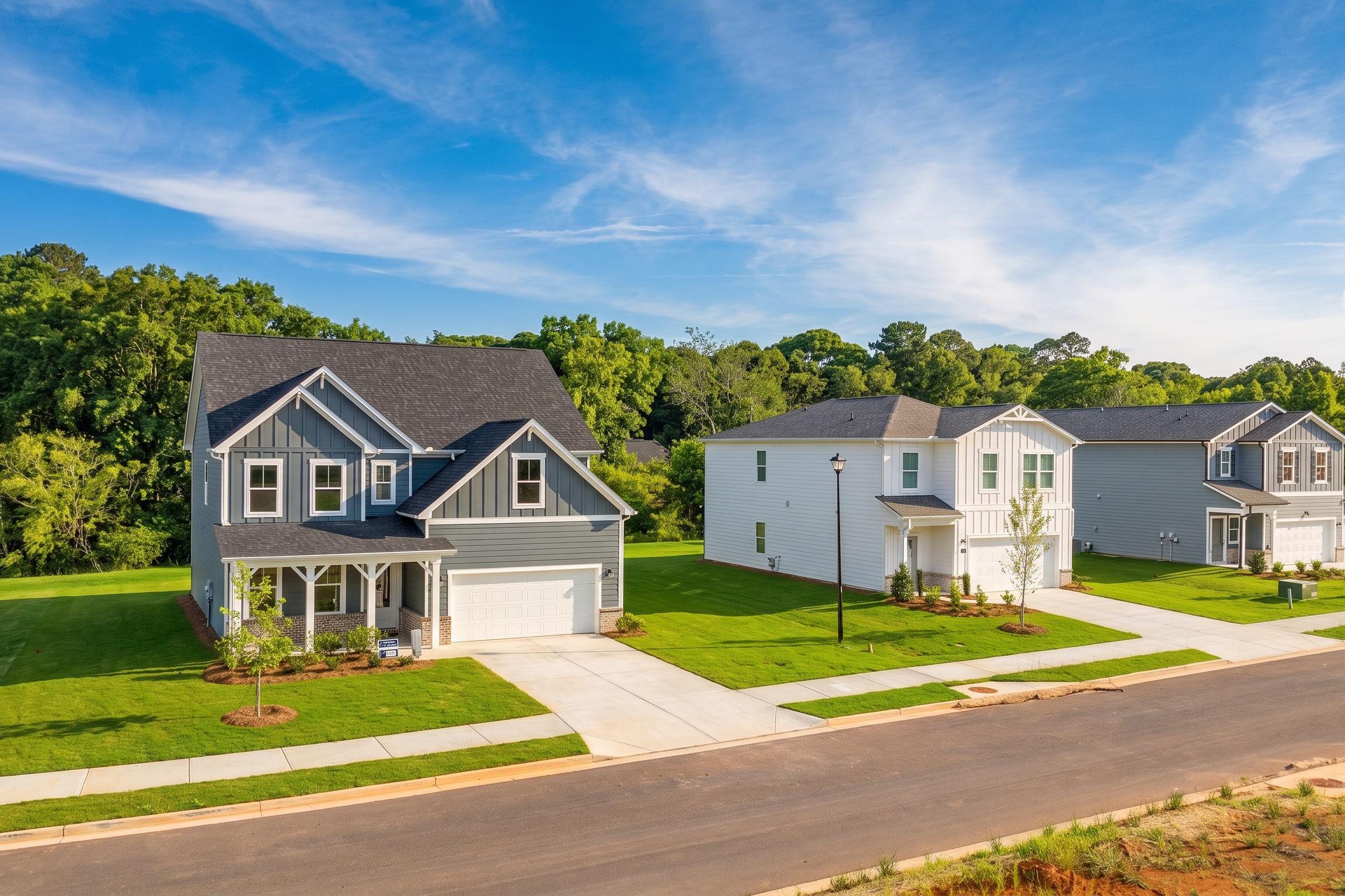 New construction single-family homes by Davidson Homes at Cedar Farms in Winder, Georgia with spacious yards.
