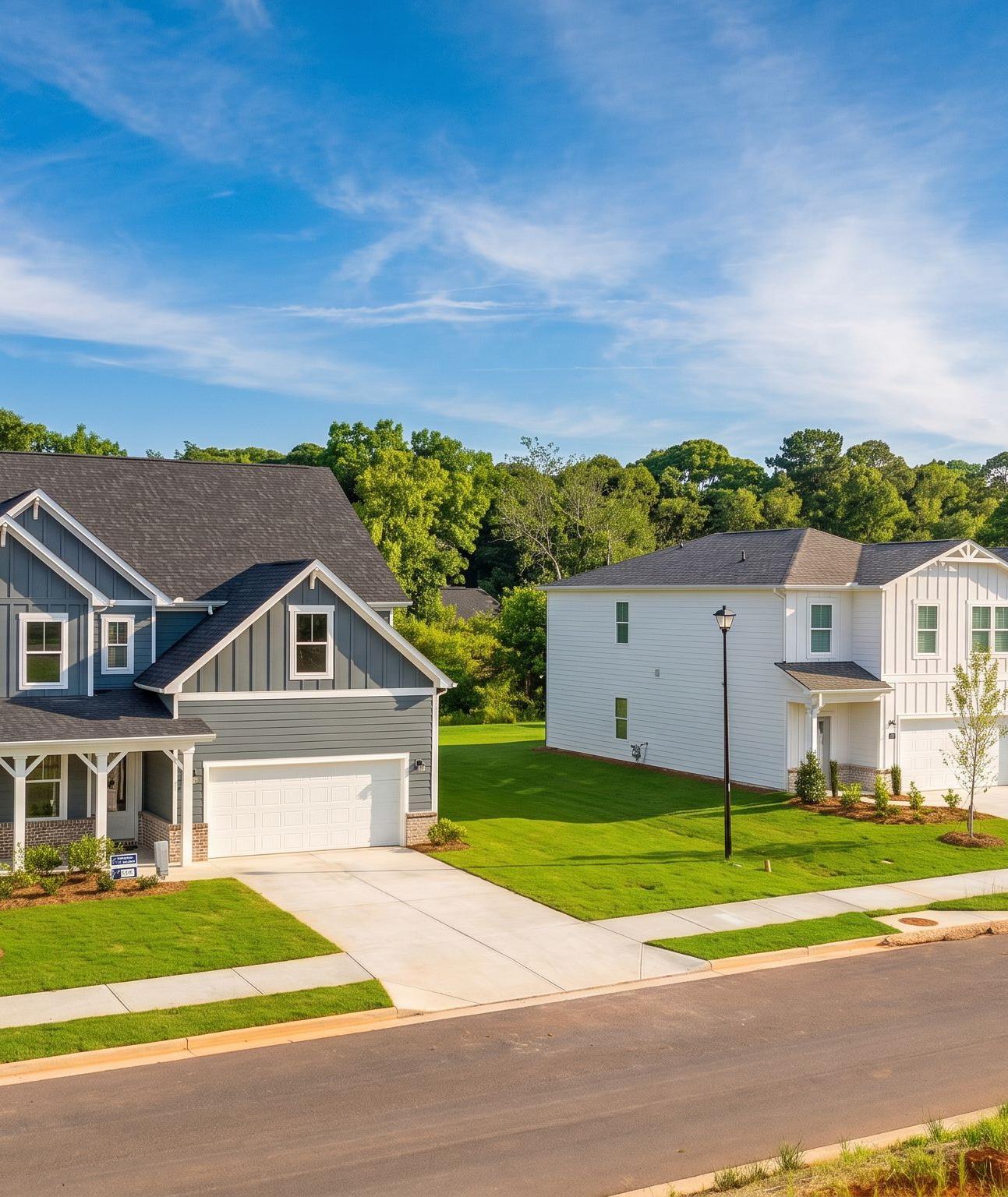 New construction single-family homes by Davidson Homes at Cedar Farms in Winder, Georgia with spacious yards.