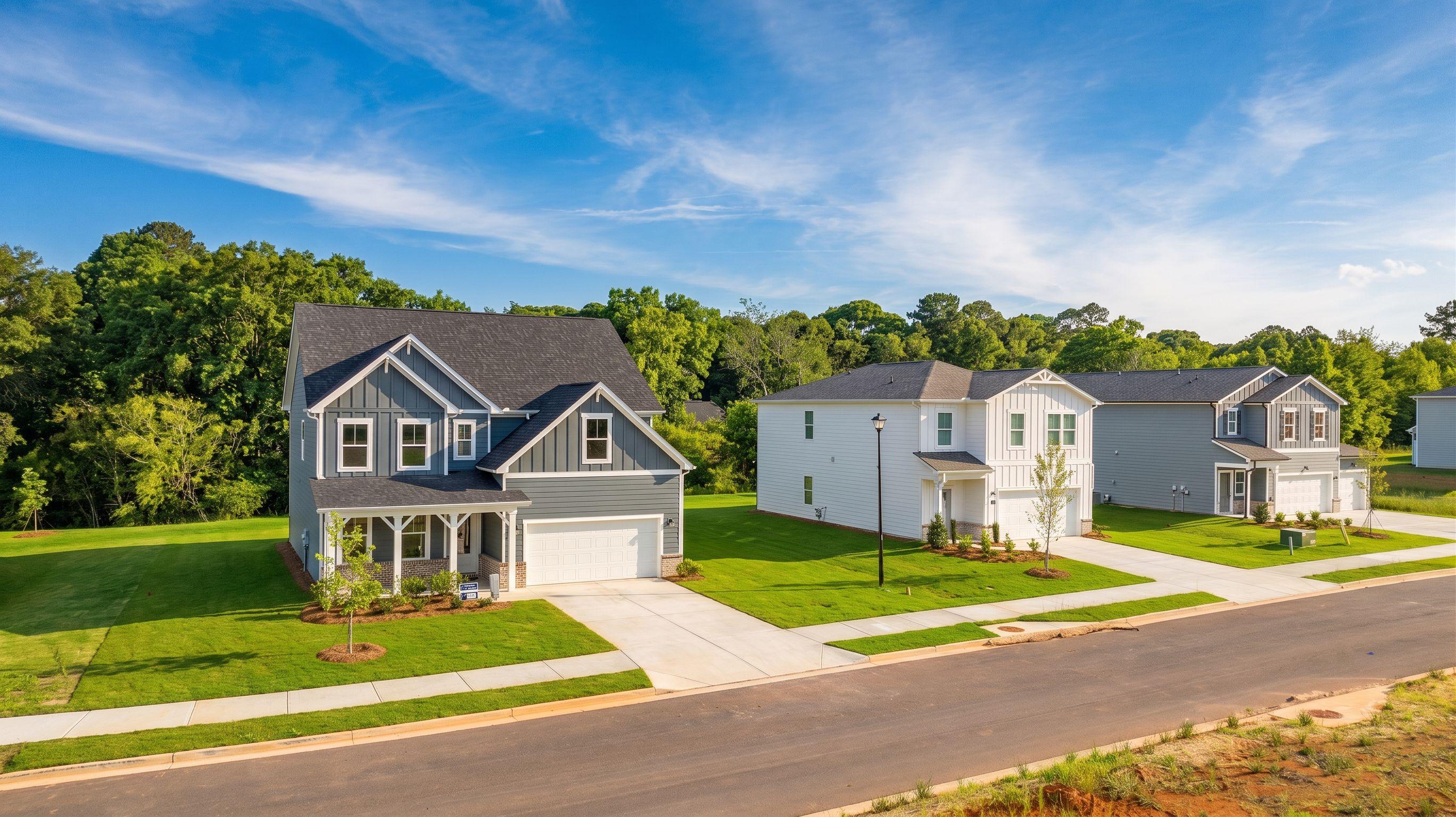 New construction single-family homes by Davidson Homes at Cedar Farms in Winder, Georgia with spacious yards.
