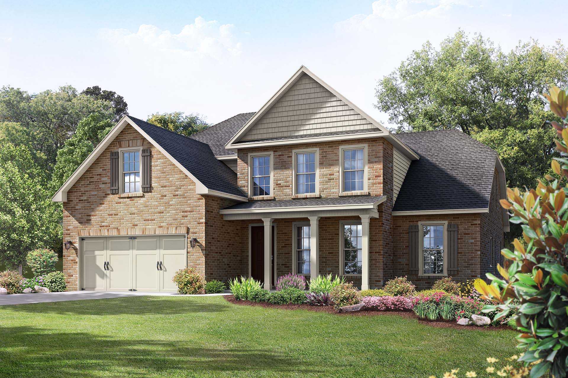 The Emory 2-story craftsman home elevation by Davidson Homes: brick and siding facade, covered porch, 2-car garage, lush landscaping