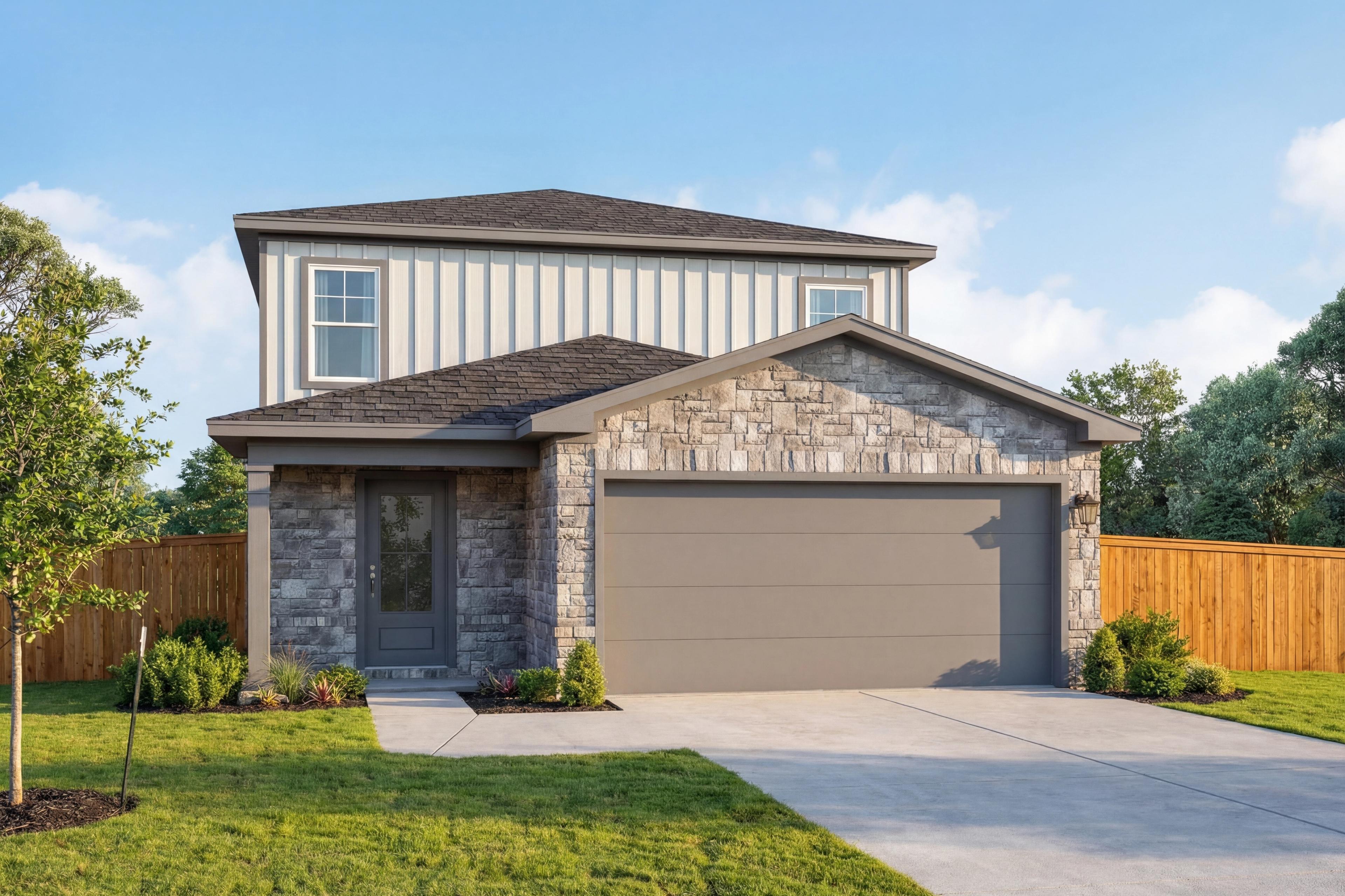 Two-story San Marcos home elevation by Davidson Homes with stone facade, gray siding, two-car garage, and landscaped yard